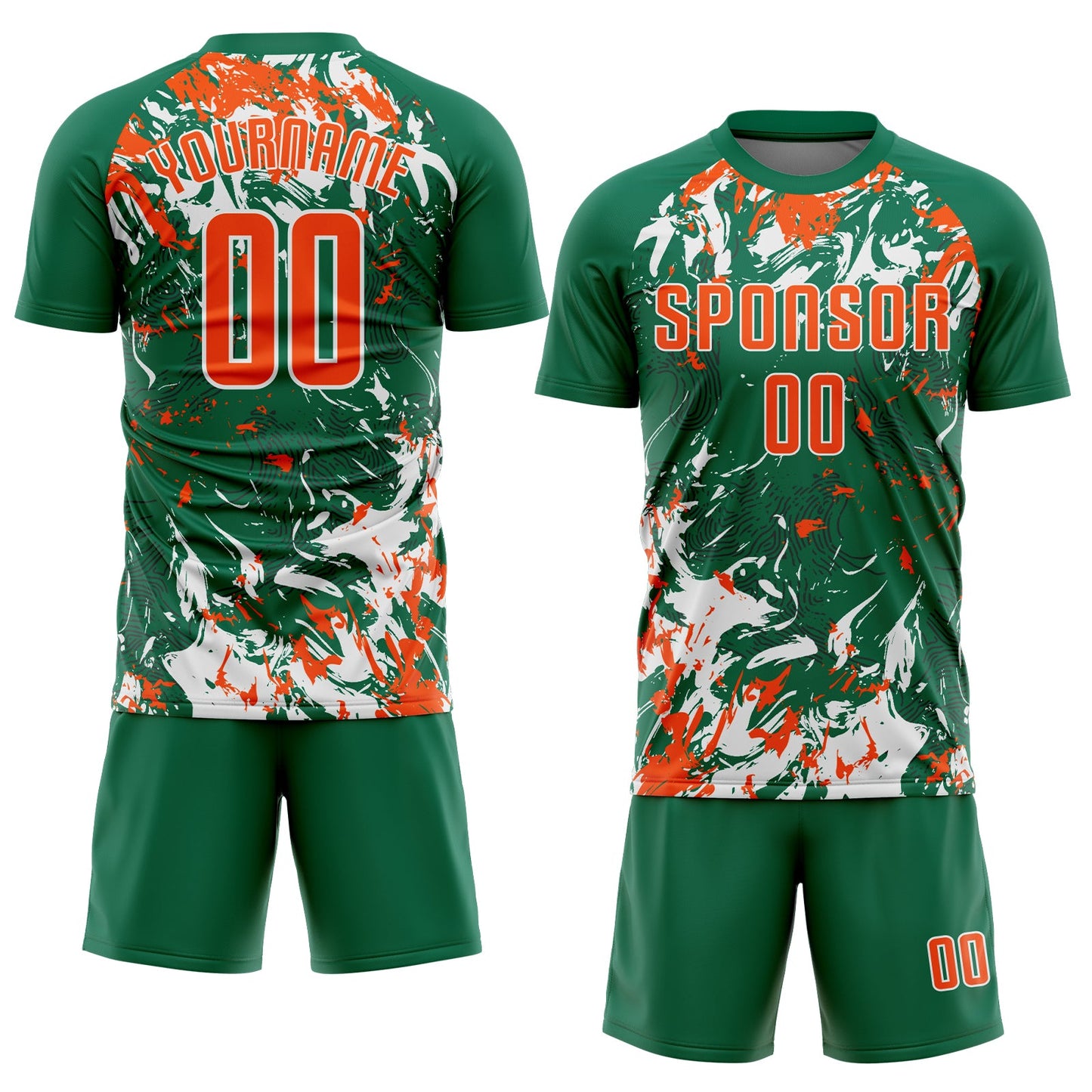 Custom Kelly Green Orange-White Fluid Art Splash Sublimation Soccer Uniform Jersey view 2
