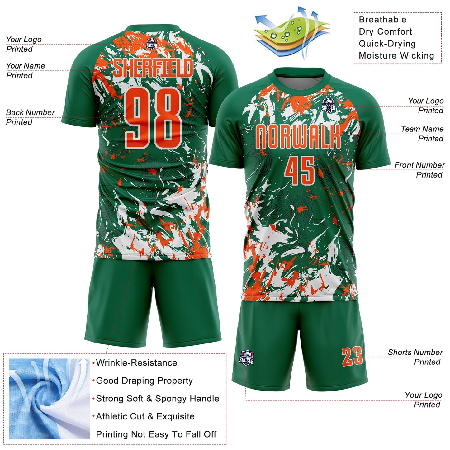 Custom Kelly Green Orange-White Fluid Art Splash Sublimation Soccer Uniform Jersey view 4