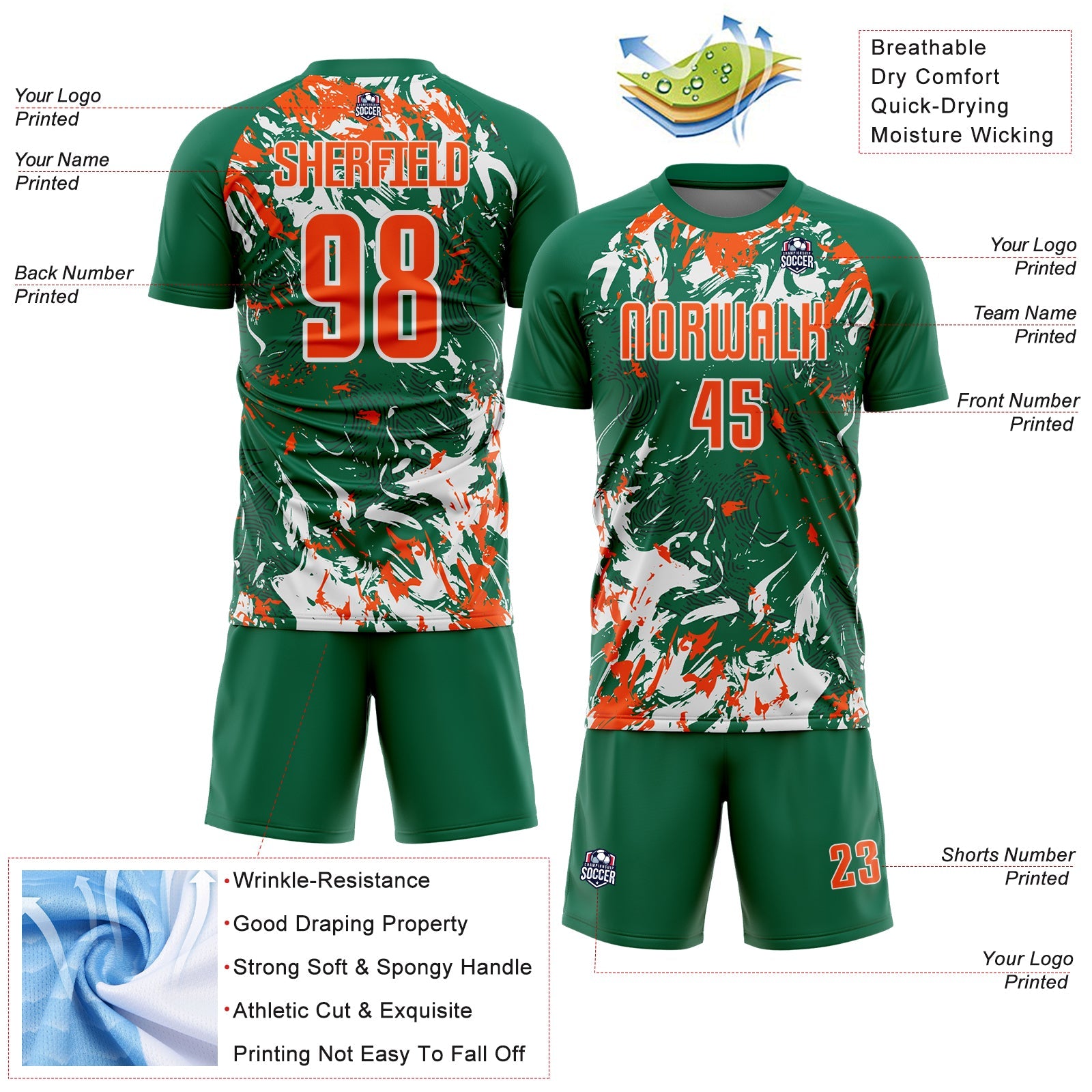Custom Kelly Green Orange-White Fluid Art Splash Sublimation Soccer Uniform Jersey view 4