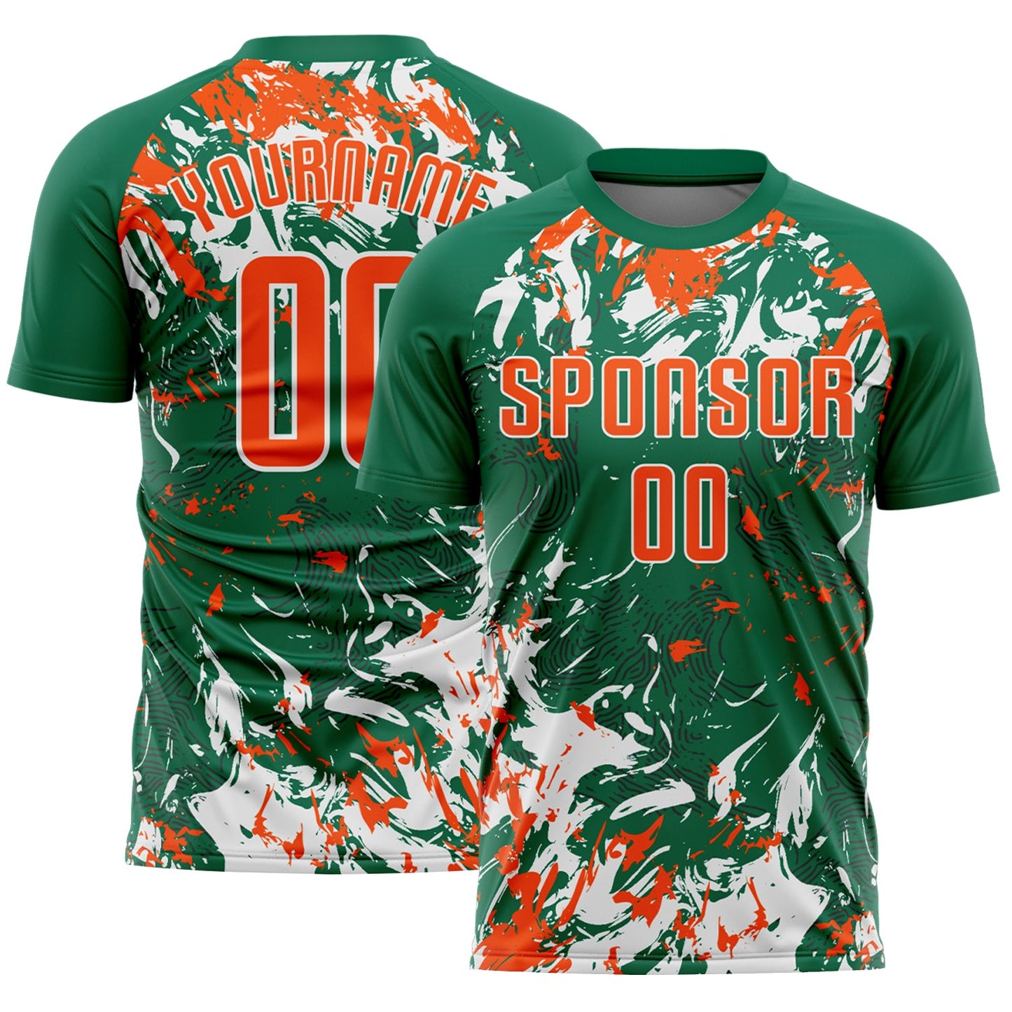 Custom Kelly Green Orange-White Fluid Art Splash Sublimation Soccer Uniform Jersey - Main View
