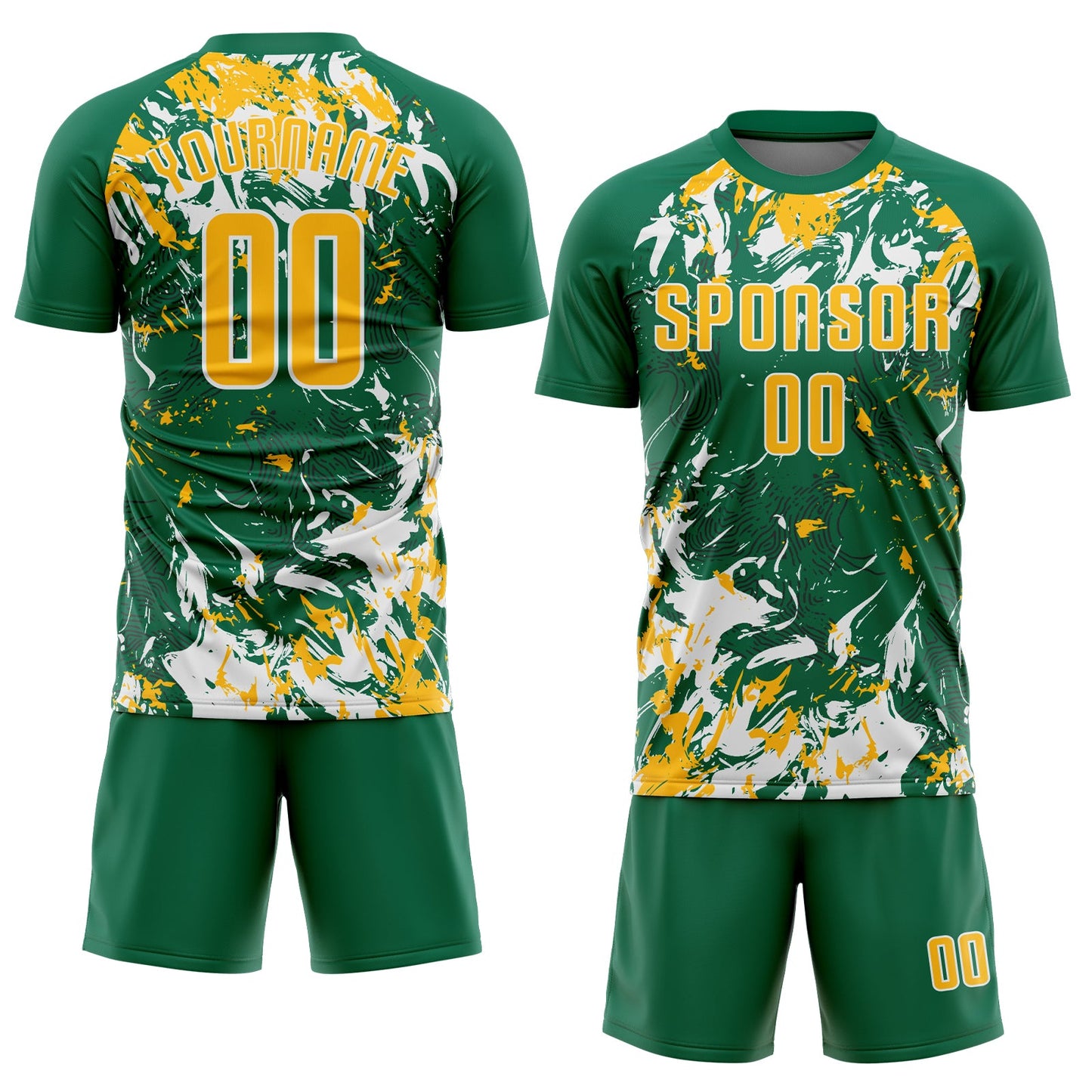 Custom Kelly Green Gold-White Fluid Art Splash Sublimation Soccer Uniform Jersey view 2