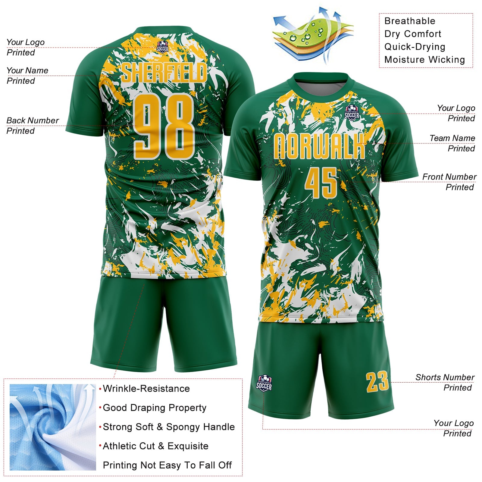 Custom Kelly Green Gold-White Fluid Art Splash Sublimation Soccer Uniform Jersey view 4