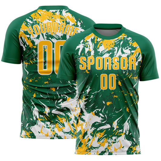 Custom Kelly Green Gold-White Fluid Art Splash Sublimation Soccer Uniform Jersey - Main View