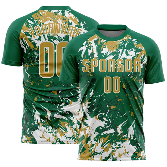 Custom Kelly Green Old Gold-White Fluid Art Splash Sublimation Soccer Uniform Jersey - Main View