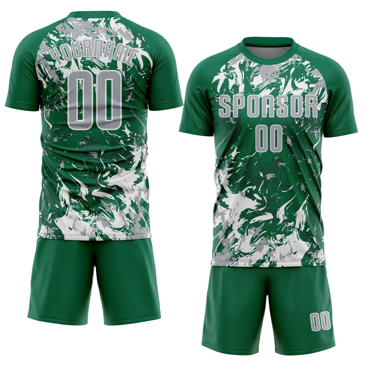 Custom Kelly Green Gray-White Fluid Art Splash Sublimation Soccer Uniform Jersey view 2