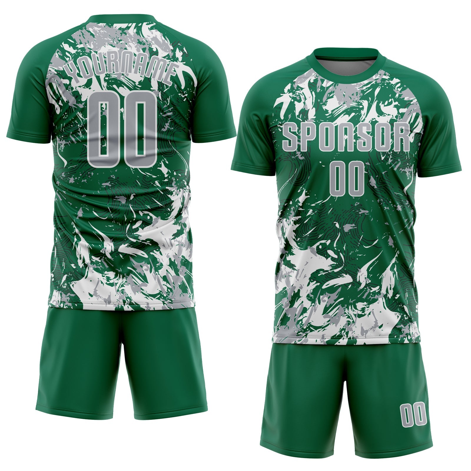Custom Kelly Green Gray-White Fluid Art Splash Sublimation Soccer Uniform Jersey view 2