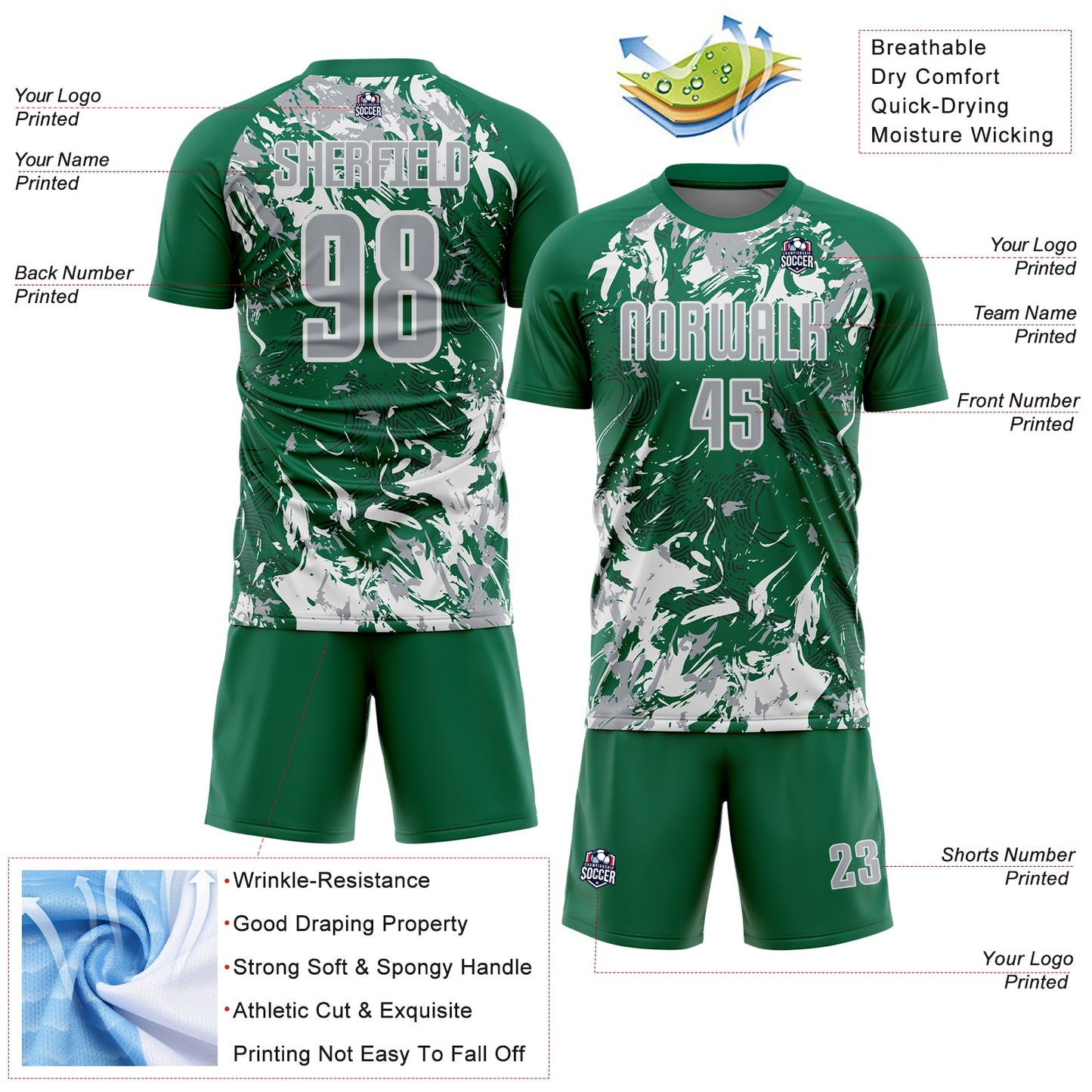 Custom Kelly Green Gray-White Fluid Art Splash Sublimation Soccer Uniform Jersey view 4