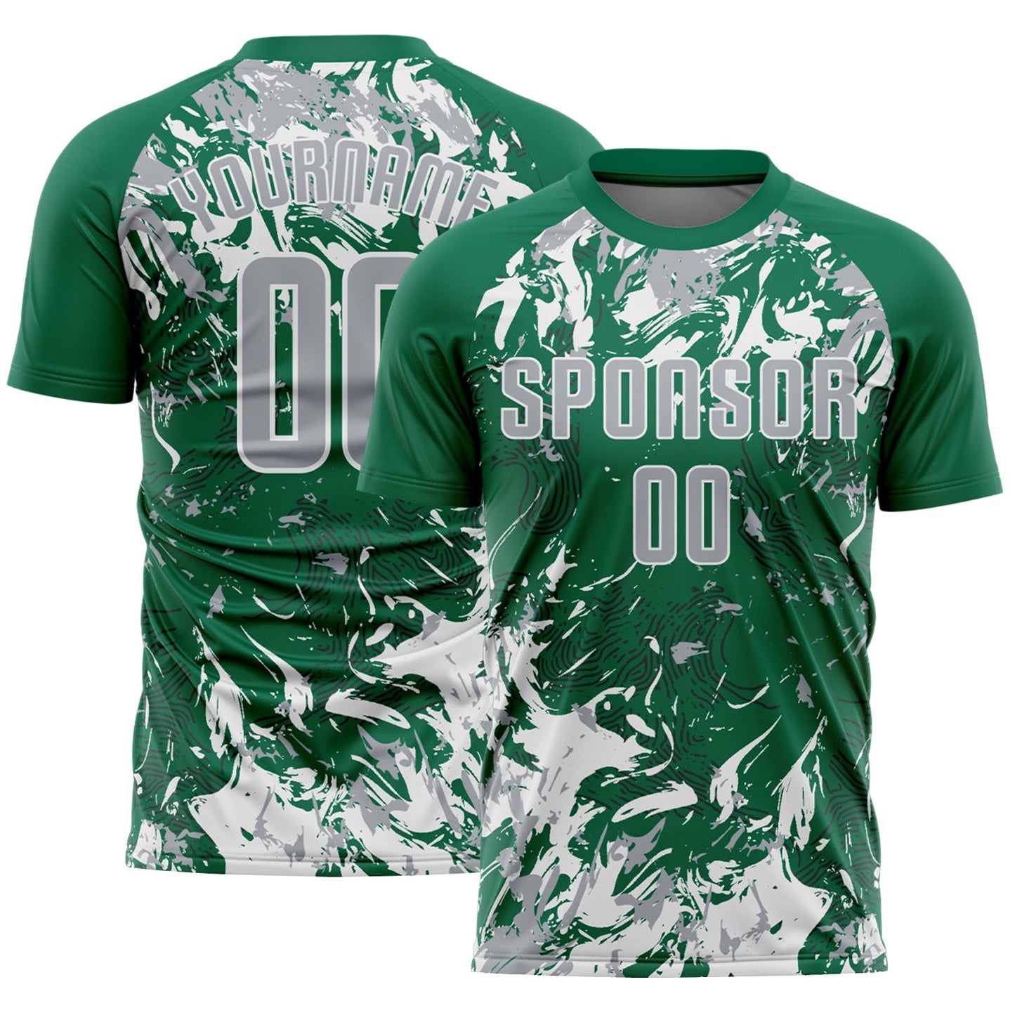 Custom Kelly Green Gray-White Fluid Art Splash Sublimation Soccer Uniform Jersey - Main View
