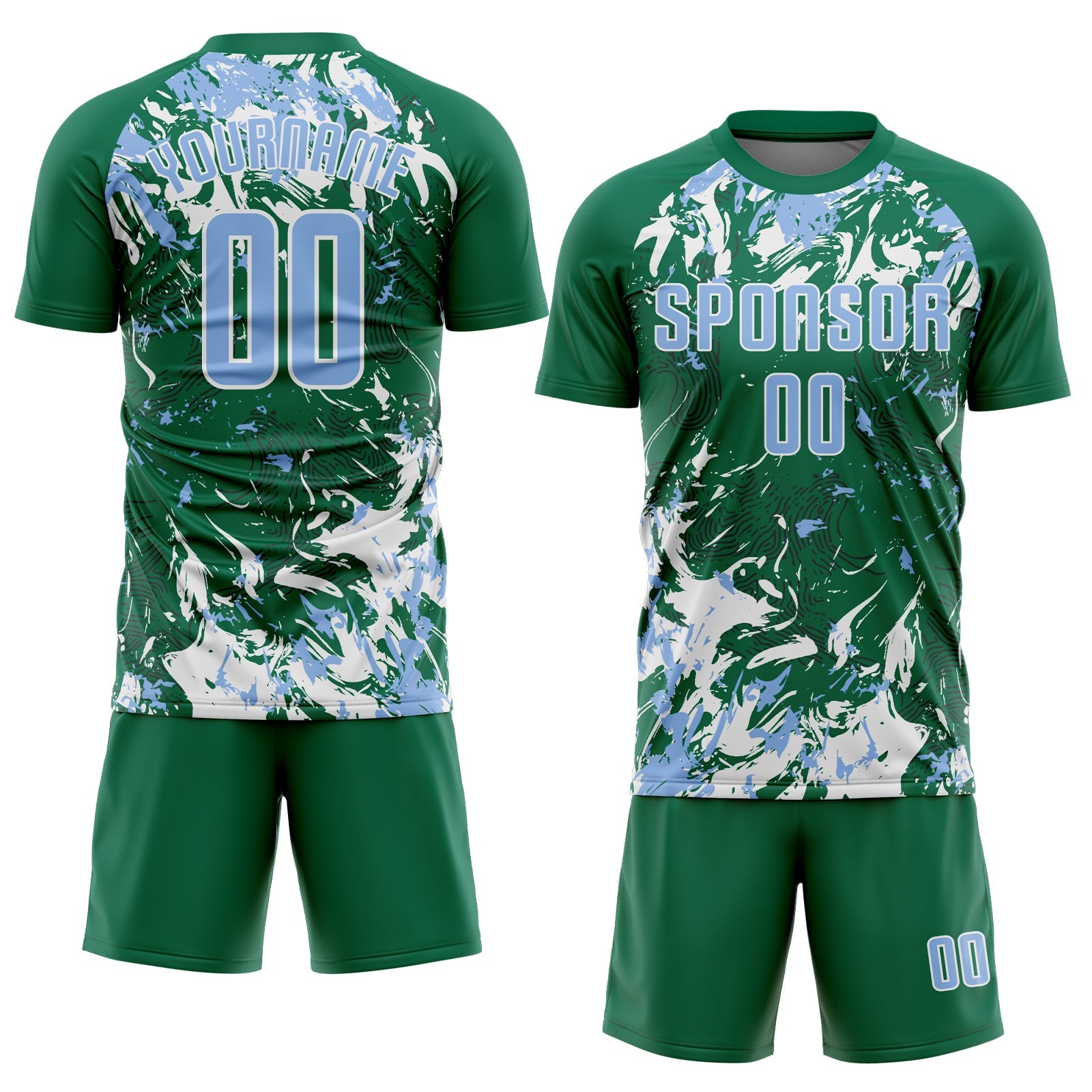 Custom Kelly Green Light Blue-White Fluid Art Splash Sublimation Soccer Uniform Jersey view 2
