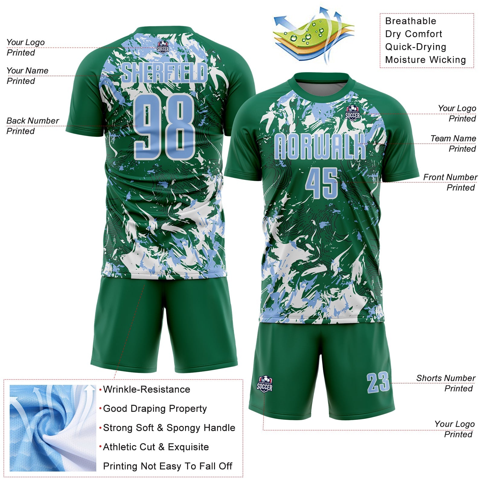 Custom Kelly Green Light Blue-White Fluid Art Splash Sublimation Soccer Uniform Jersey view 4