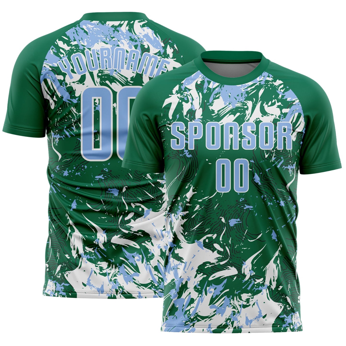 Custom Kelly Green Light Blue-White Fluid Art Splash Sublimation Soccer Uniform Jersey - Main View