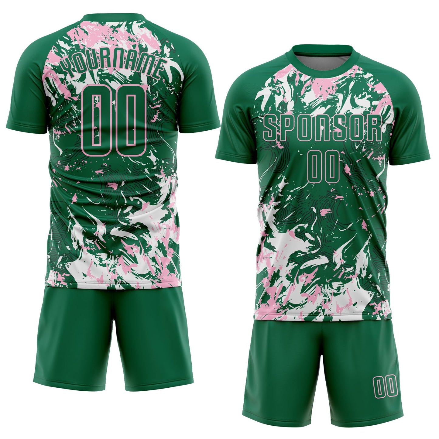 Custom Kelly Green Light Pink-White Fluid Art Splash Sublimation Soccer Uniform Jersey view 2