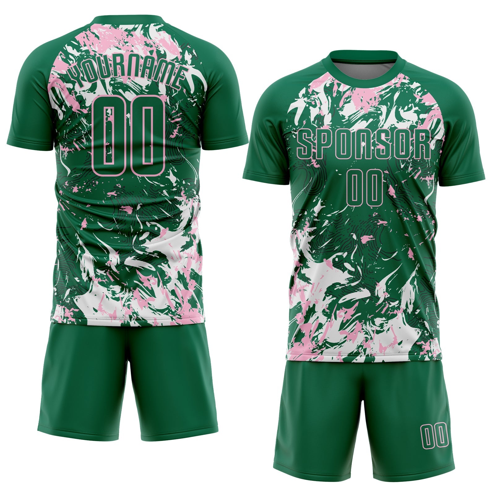 Custom Kelly Green Light Pink-White Fluid Art Splash Sublimation Soccer Uniform Jersey view 2