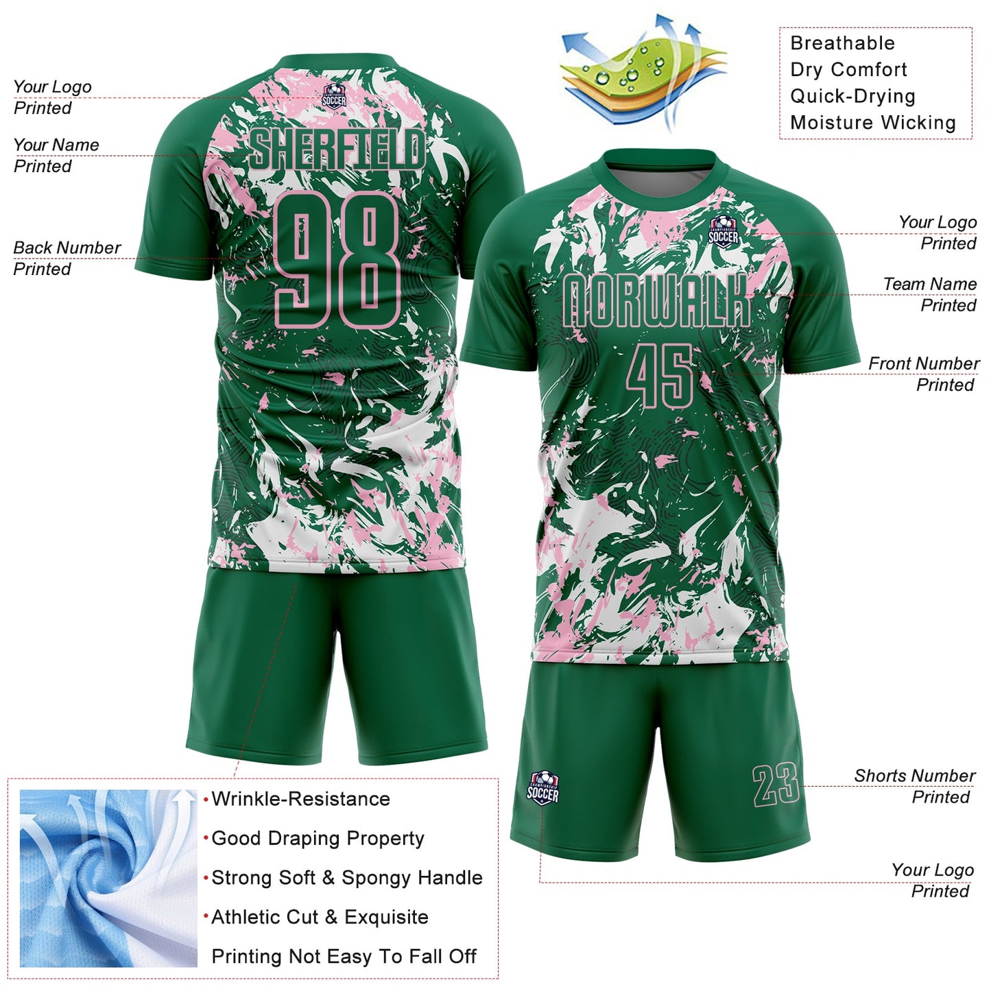 Custom Kelly Green Light Pink-White Fluid Art Splash Sublimation Soccer Uniform Jersey view 4