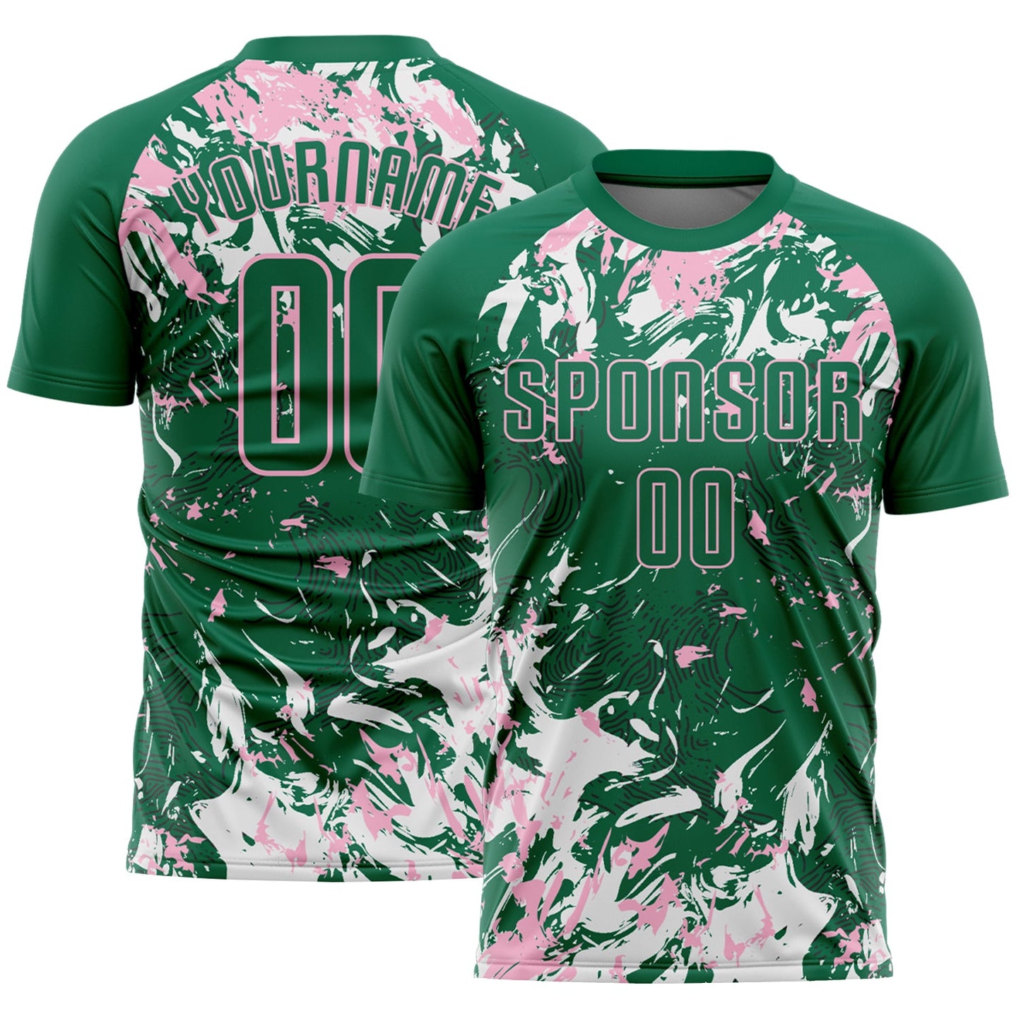 Custom Kelly Green Light Pink-White Fluid Art Splash Sublimation Soccer Uniform Jersey - Main View