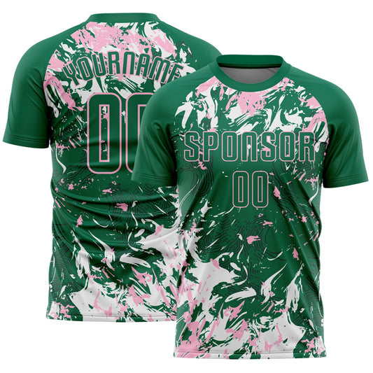 Custom Kelly Green Light Pink-White Fluid Art Splash Sublimation Soccer Uniform Jersey - Main View