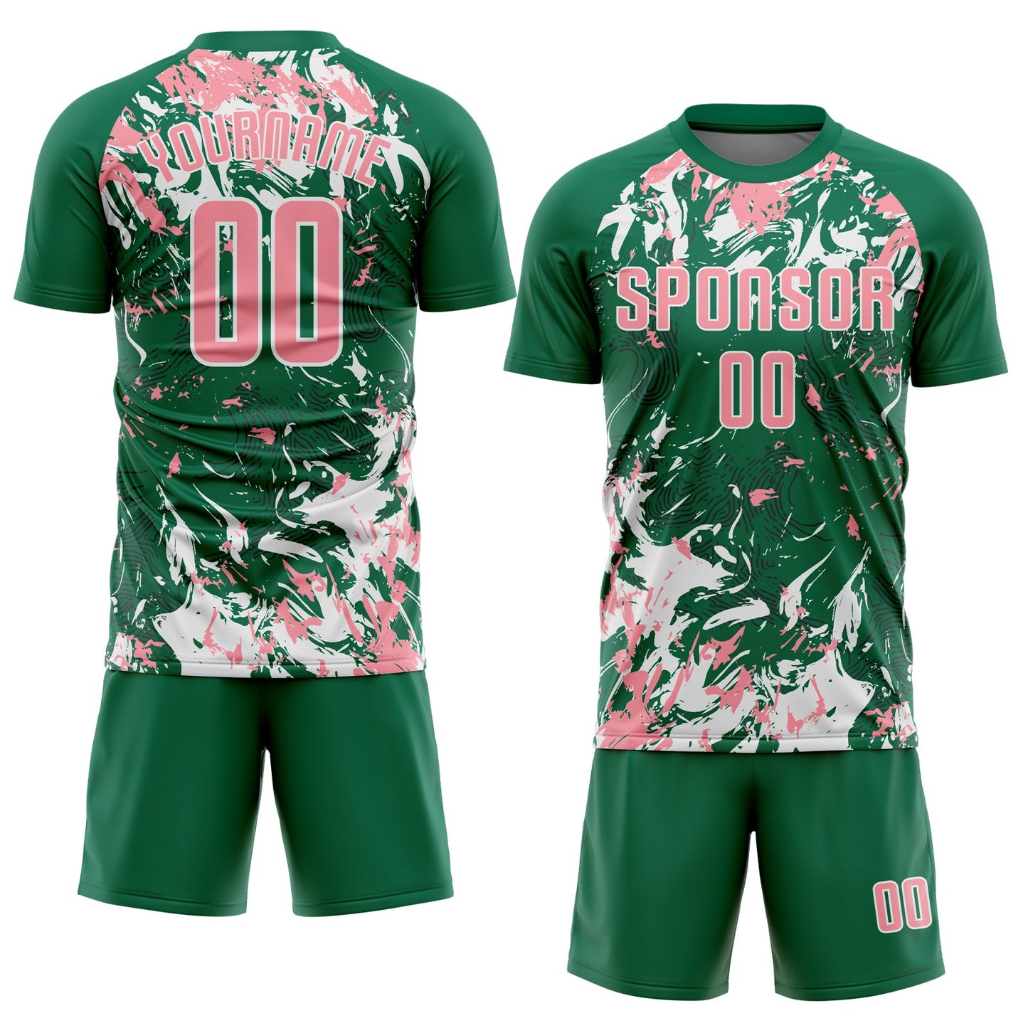 Custom Kelly Green Medium Pink-White Fluid Art Splash Sublimation Soccer Uniform Jersey view 2