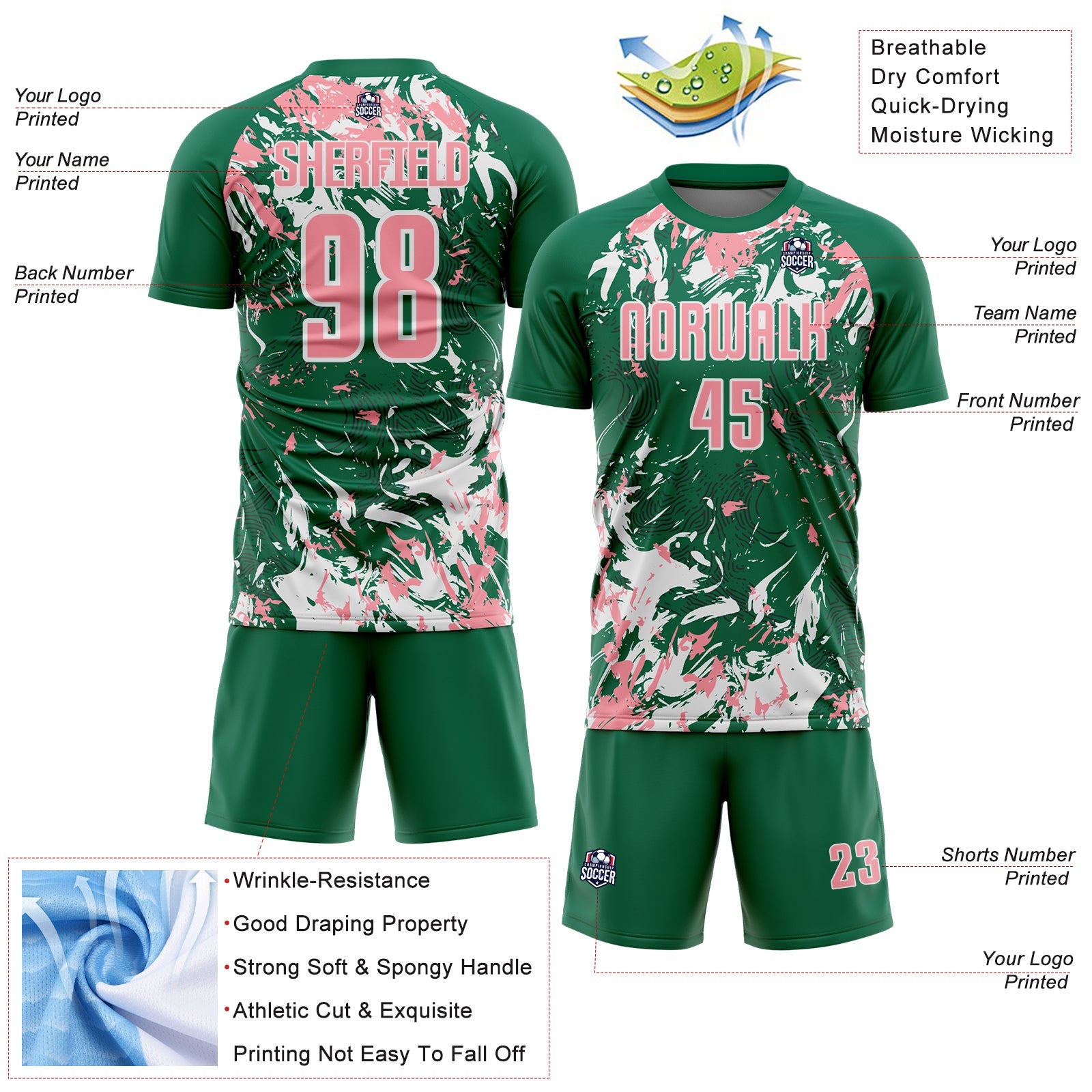 Custom Kelly Green Medium Pink-White Fluid Art Splash Sublimation Soccer Uniform Jersey view 4
