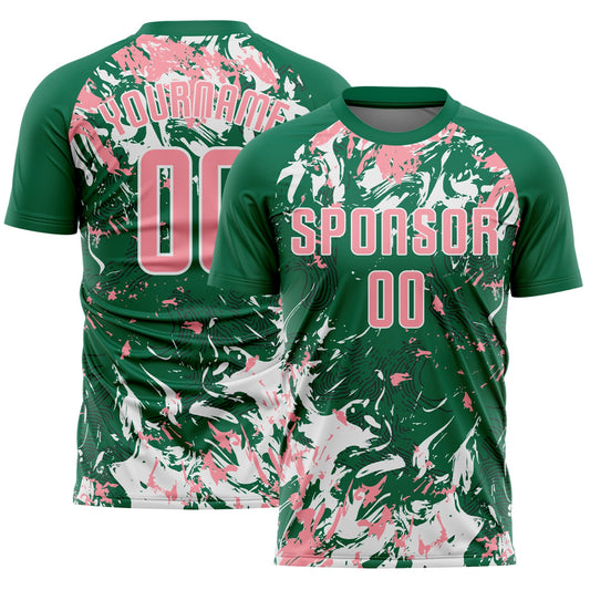 Custom Kelly Green Medium Pink-White Fluid Art Splash Sublimation Soccer Uniform Jersey - Main View