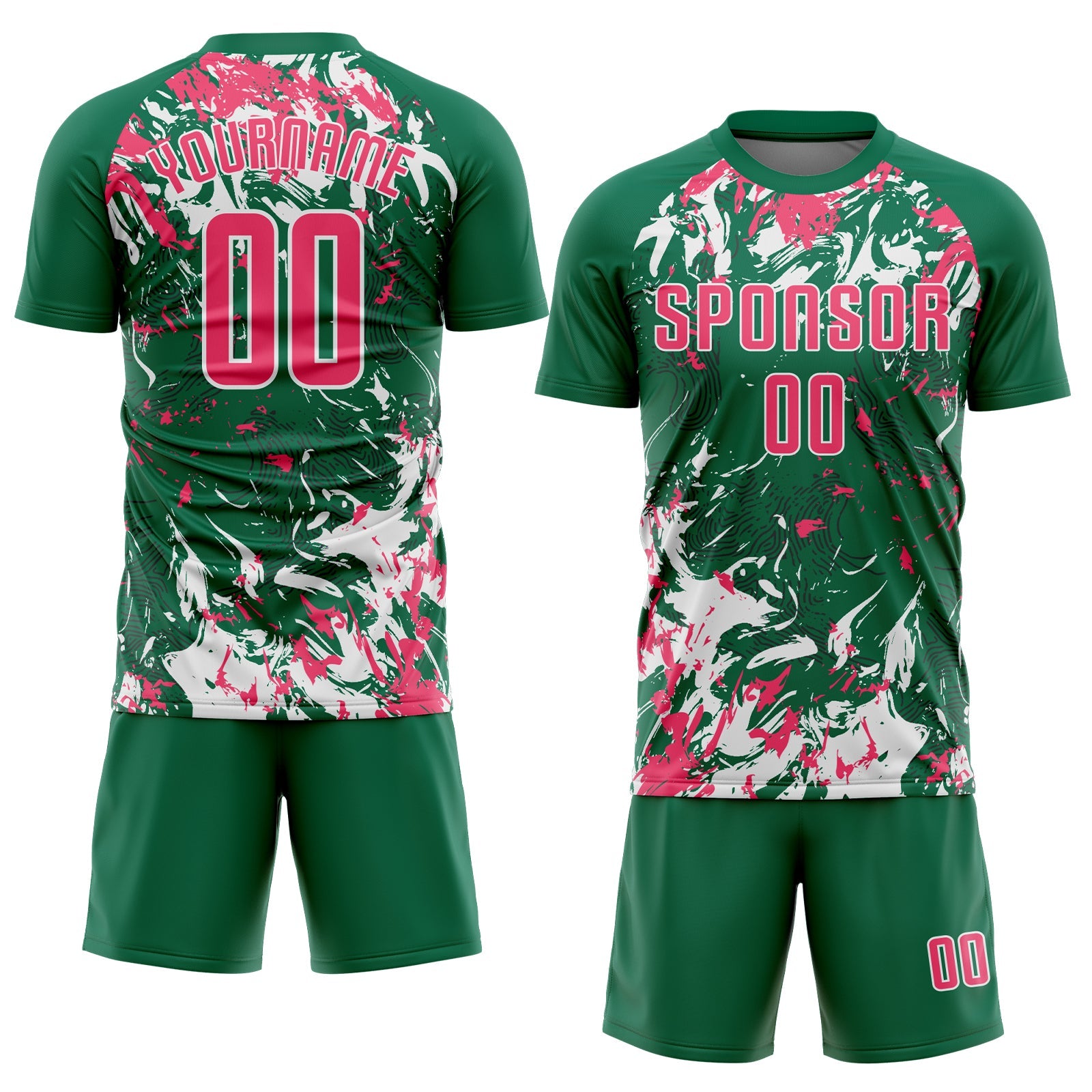 Custom Kelly Green Neon Pink-White Fluid Art Splash Sublimation Soccer Uniform Jersey view 2