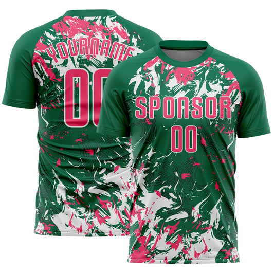 Custom Kelly Green Neon Pink-White Fluid Art Splash Sublimation Soccer Uniform Jersey - Main View