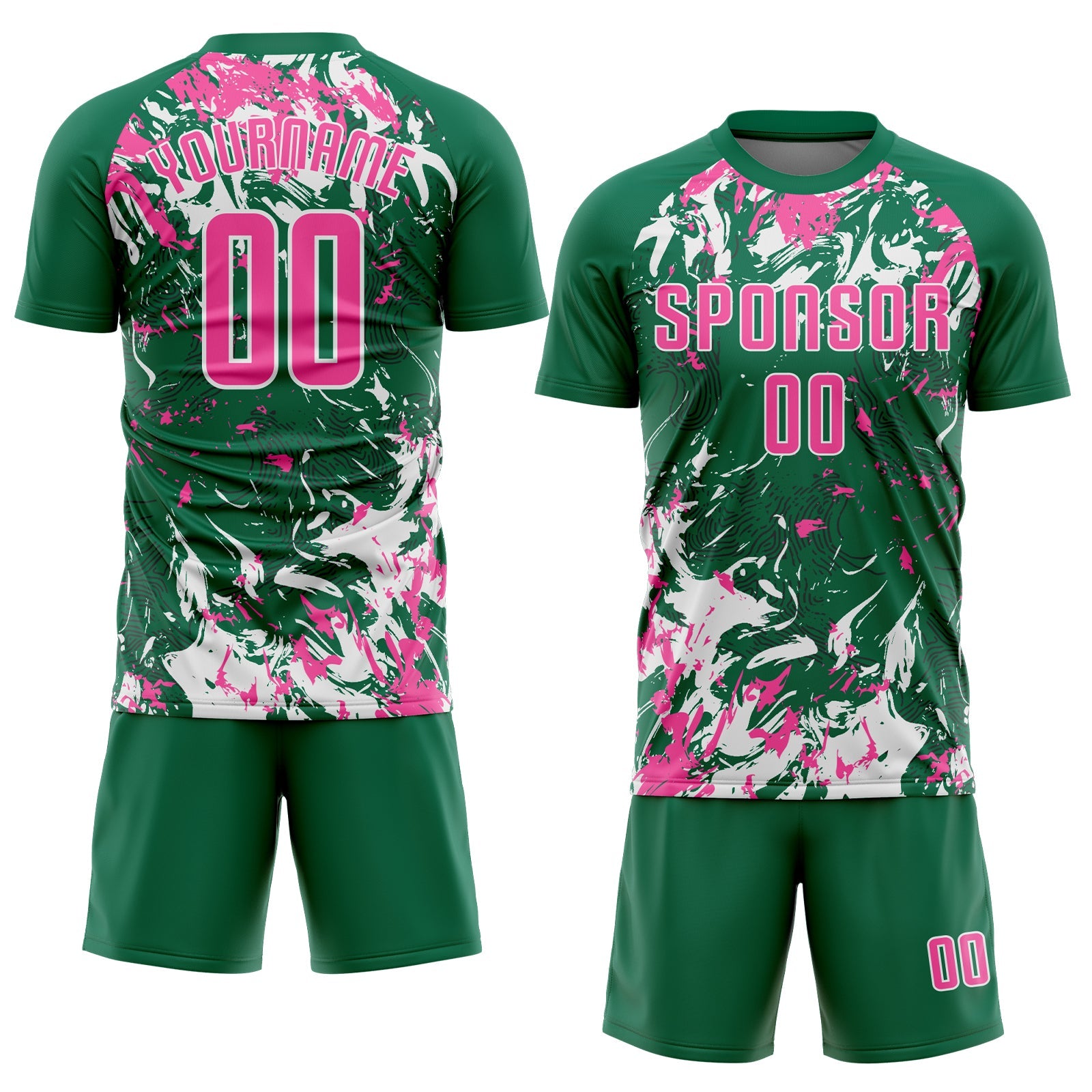 Custom Kelly Green Pink-White Fluid Art Splash Sublimation Soccer Uniform Jersey view 2