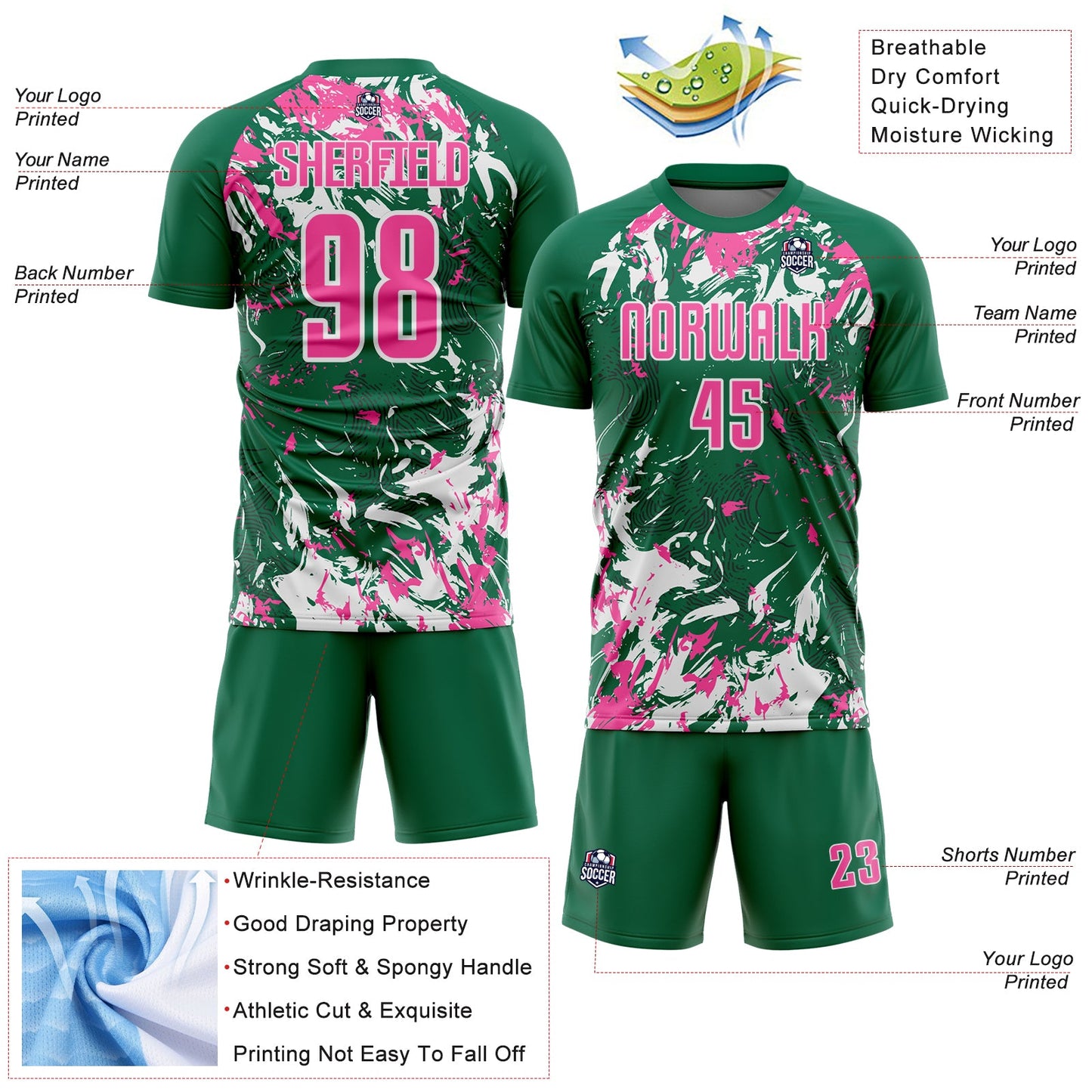 Custom Kelly Green Pink-White Fluid Art Splash Sublimation Soccer Uniform Jersey view 4