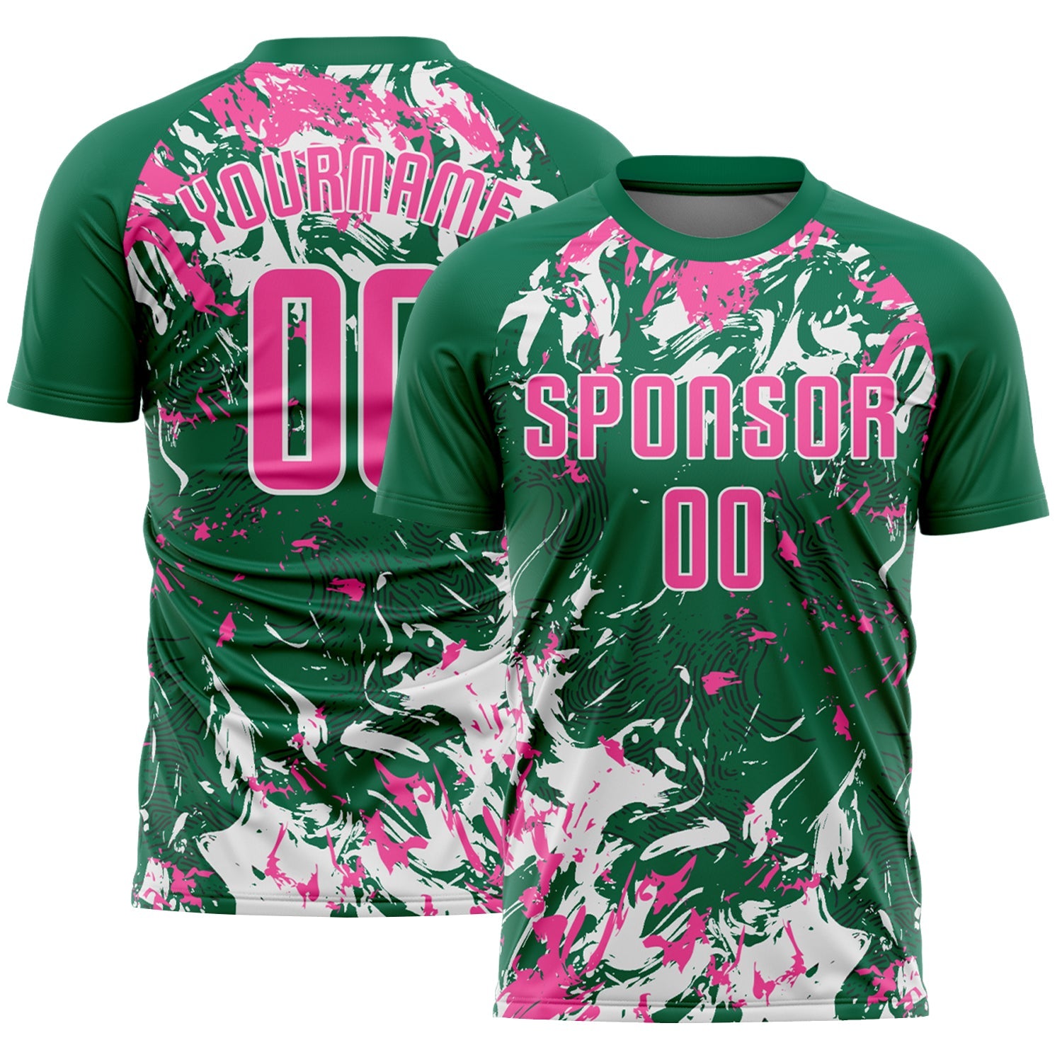 Custom Kelly Green Pink-White Fluid Art Splash Sublimation Soccer Uniform Jersey - Main View