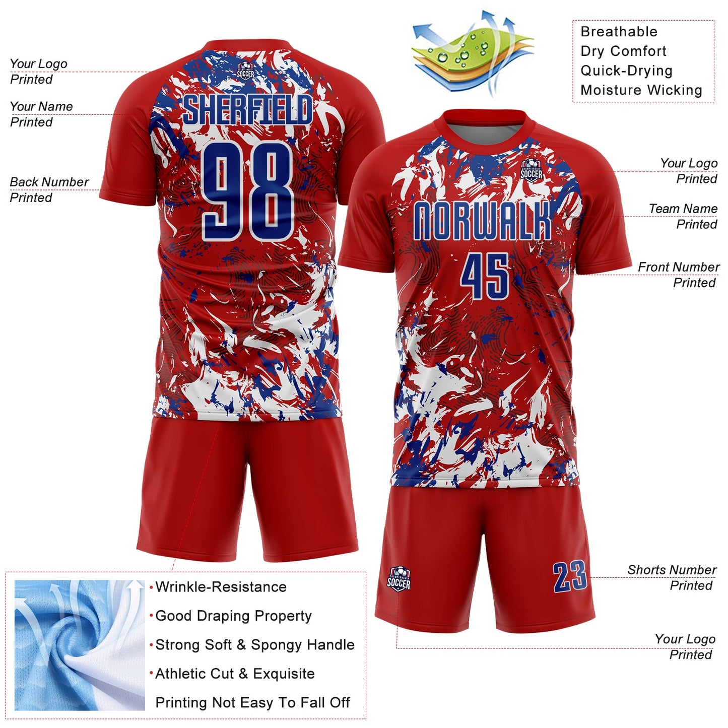 Custom Red Royal-White Fluid Art Splash Sublimation Soccer Uniform Jersey view 4