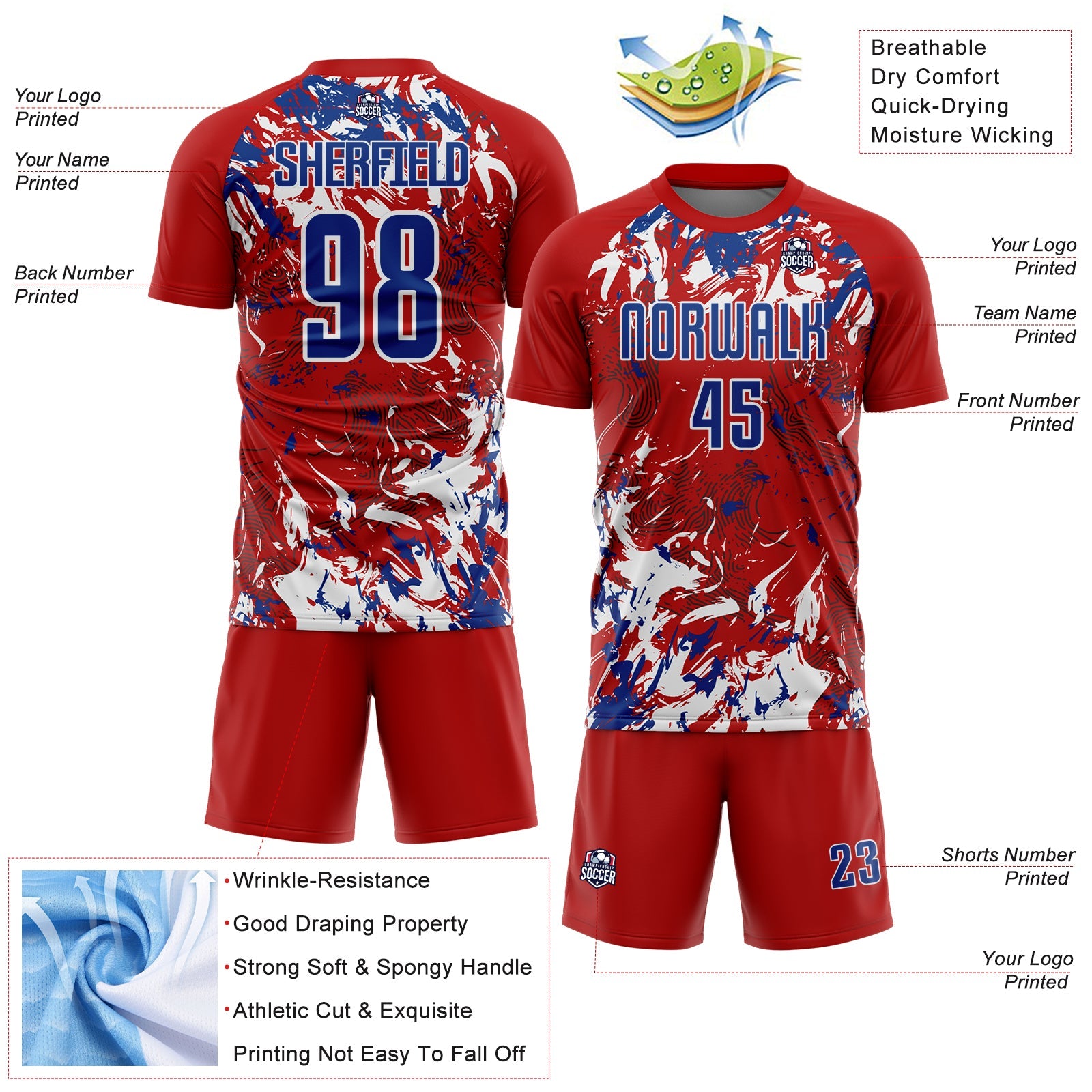 Custom Red Royal-White Fluid Art Splash Sublimation Soccer Uniform Jersey view 4