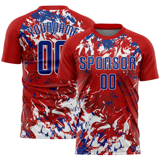 Custom Red Royal-White Fluid Art Splash Sublimation Soccer Uniform Jersey - Main View