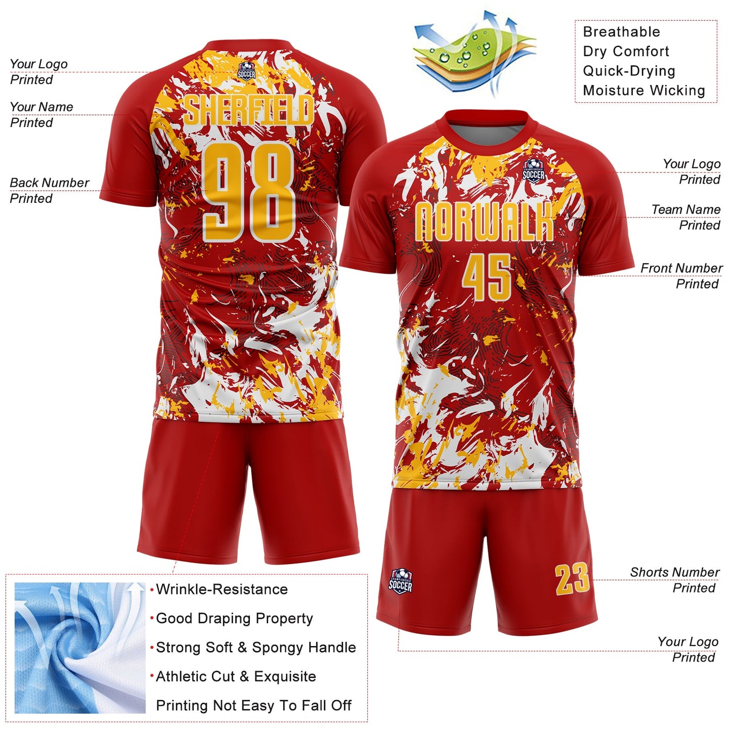 Custom Red Gold-White Fluid Art Splash Sublimation Soccer Uniform Jersey view 4