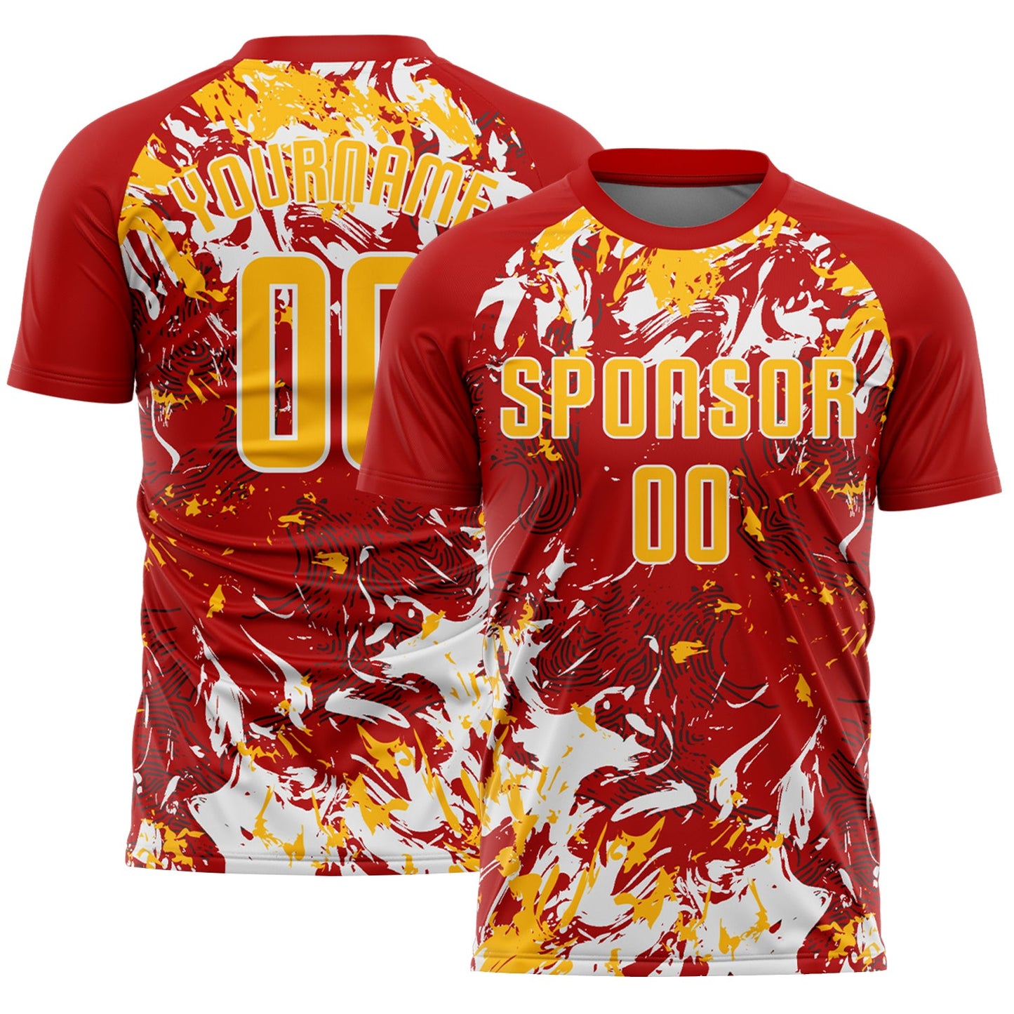 Custom Red Gold-White Fluid Art Splash Sublimation Soccer Uniform Jersey - Main View