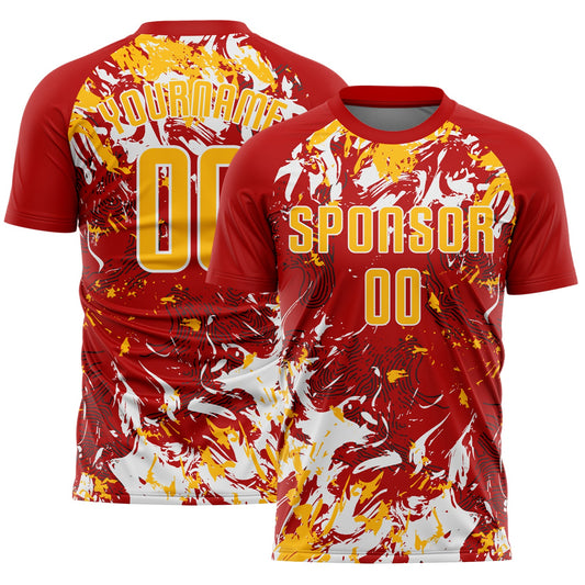 Custom Red Gold-White Fluid Art Splash Sublimation Soccer Uniform Jersey - Main View