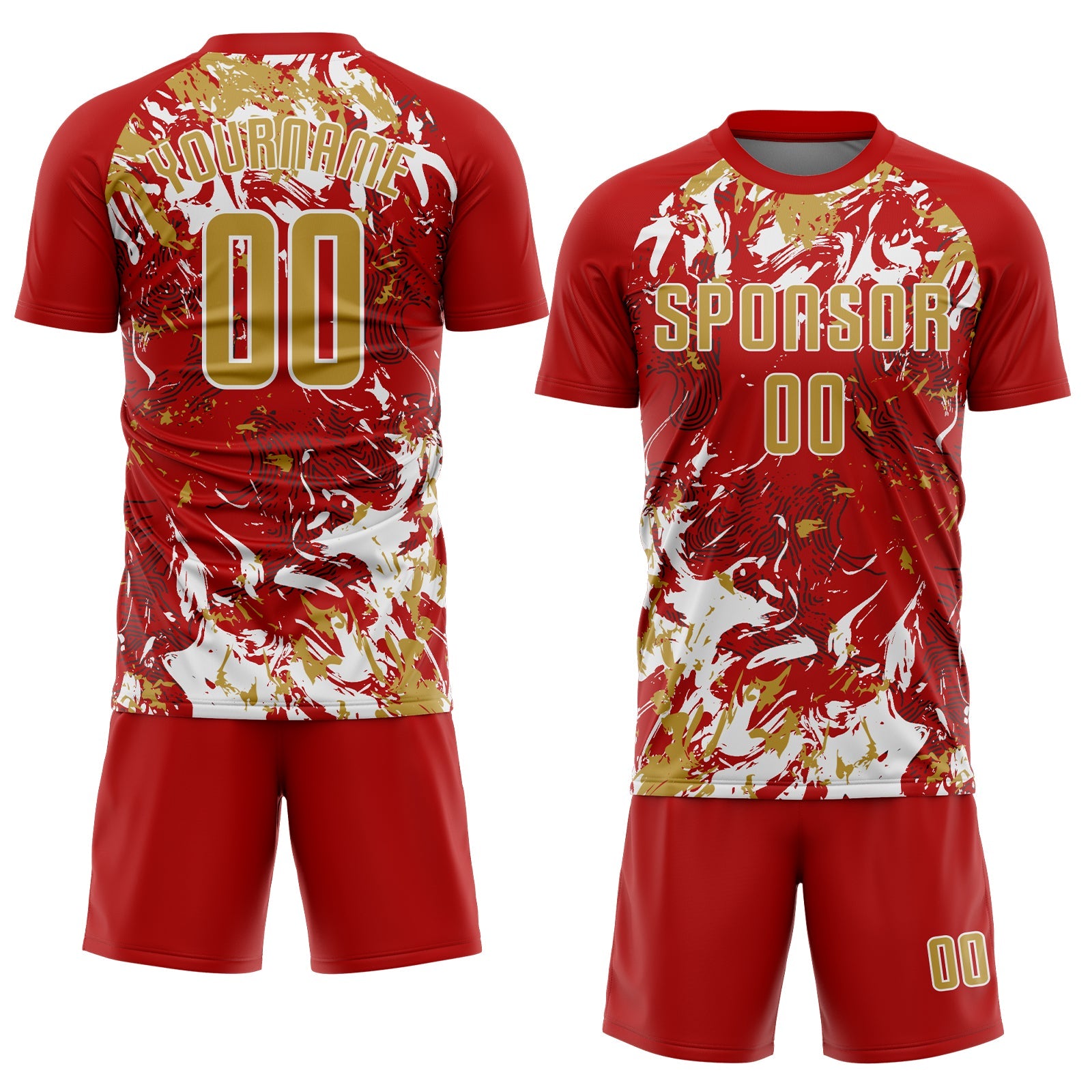 Custom Red Old Gold-White Fluid Art Splash Sublimation Soccer Uniform Jersey view 2