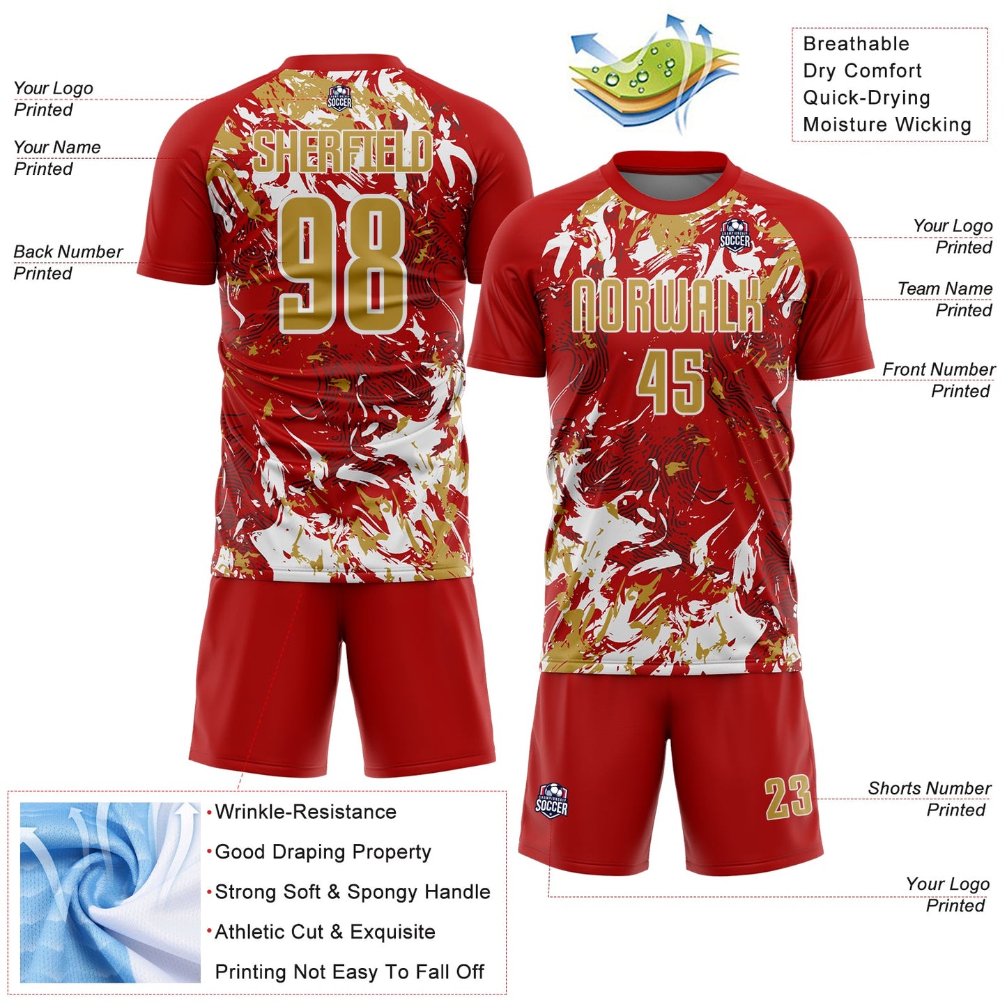 Custom Red Old Gold-White Fluid Art Splash Sublimation Soccer Uniform Jersey view 4