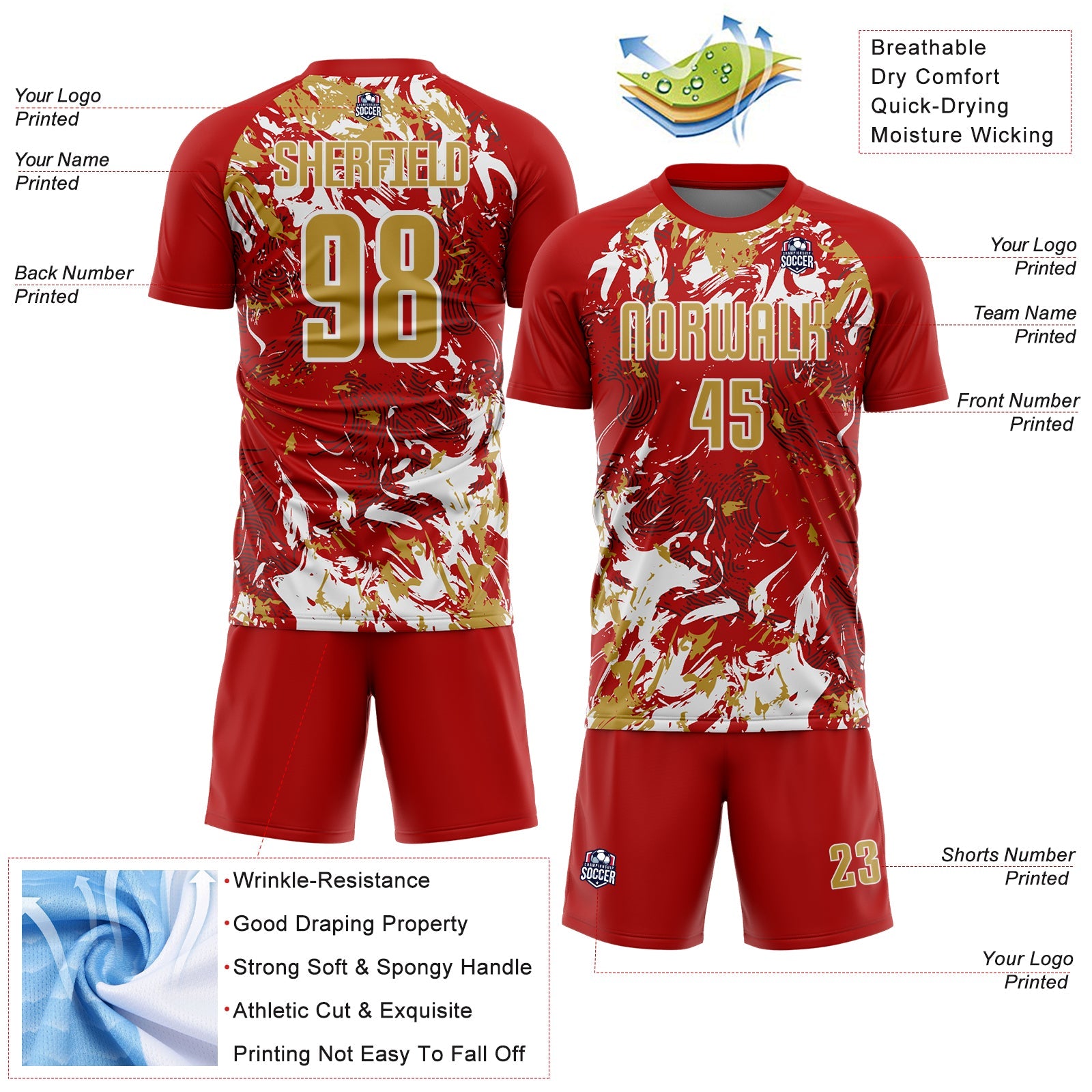 Custom Red Old Gold-White Fluid Art Splash Sublimation Soccer Uniform Jersey view 4