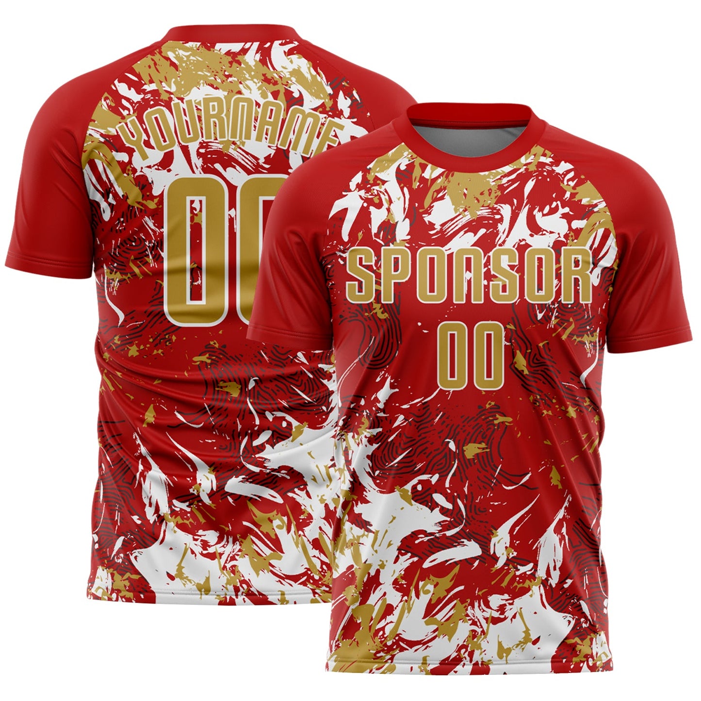 Custom Red Old Gold-White Fluid Art Splash Sublimation Soccer Uniform Jersey - Main View