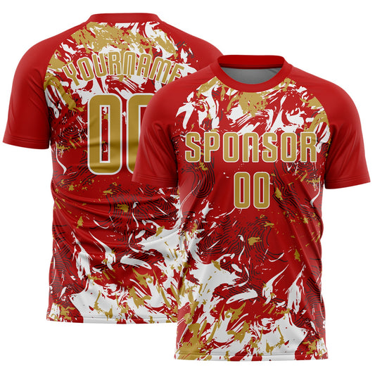 Custom Red Old Gold-White Fluid Art Splash Sublimation Soccer Uniform Jersey - Main View