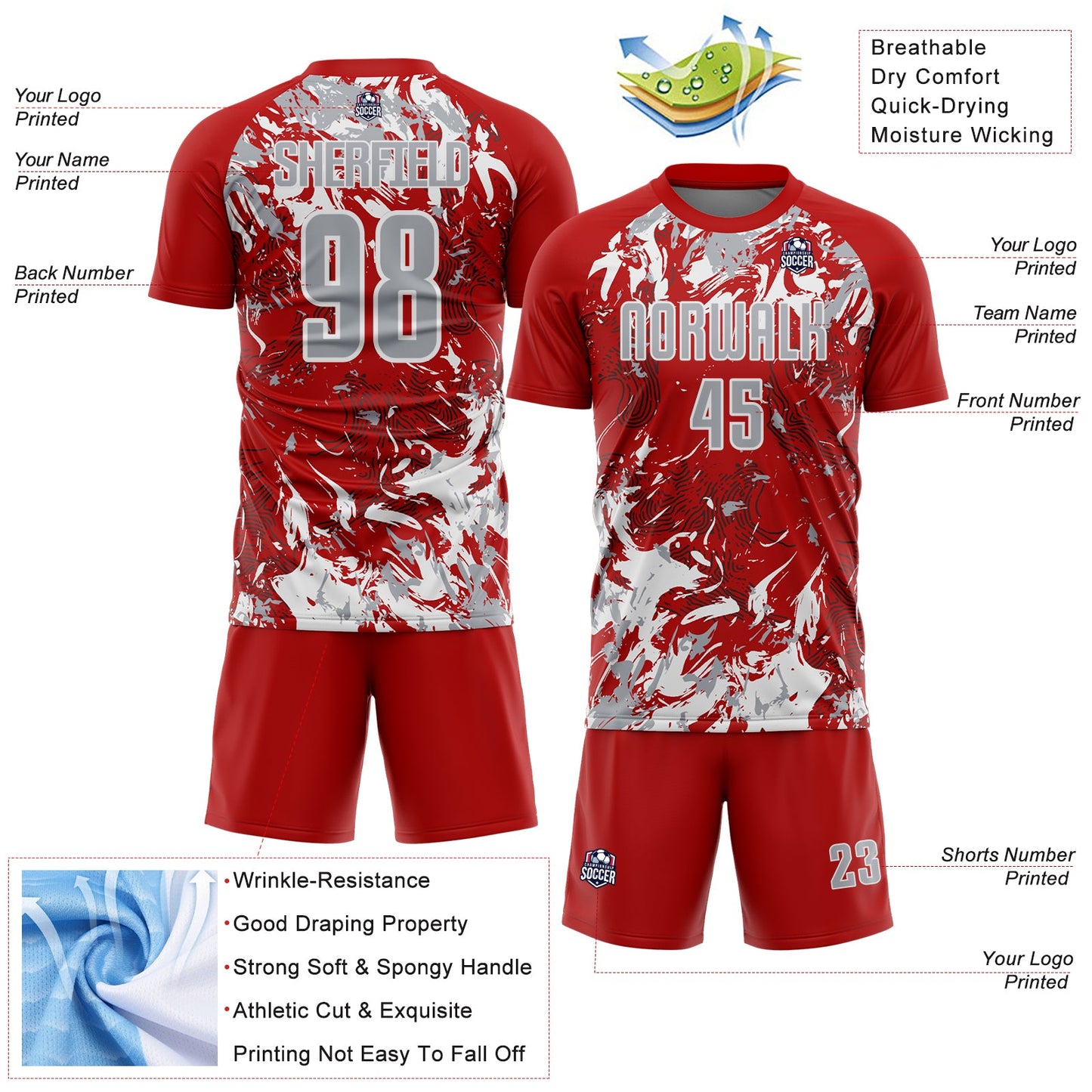 Custom Red Gray-White Fluid Art Splash Sublimation Soccer Uniform Jersey view 4