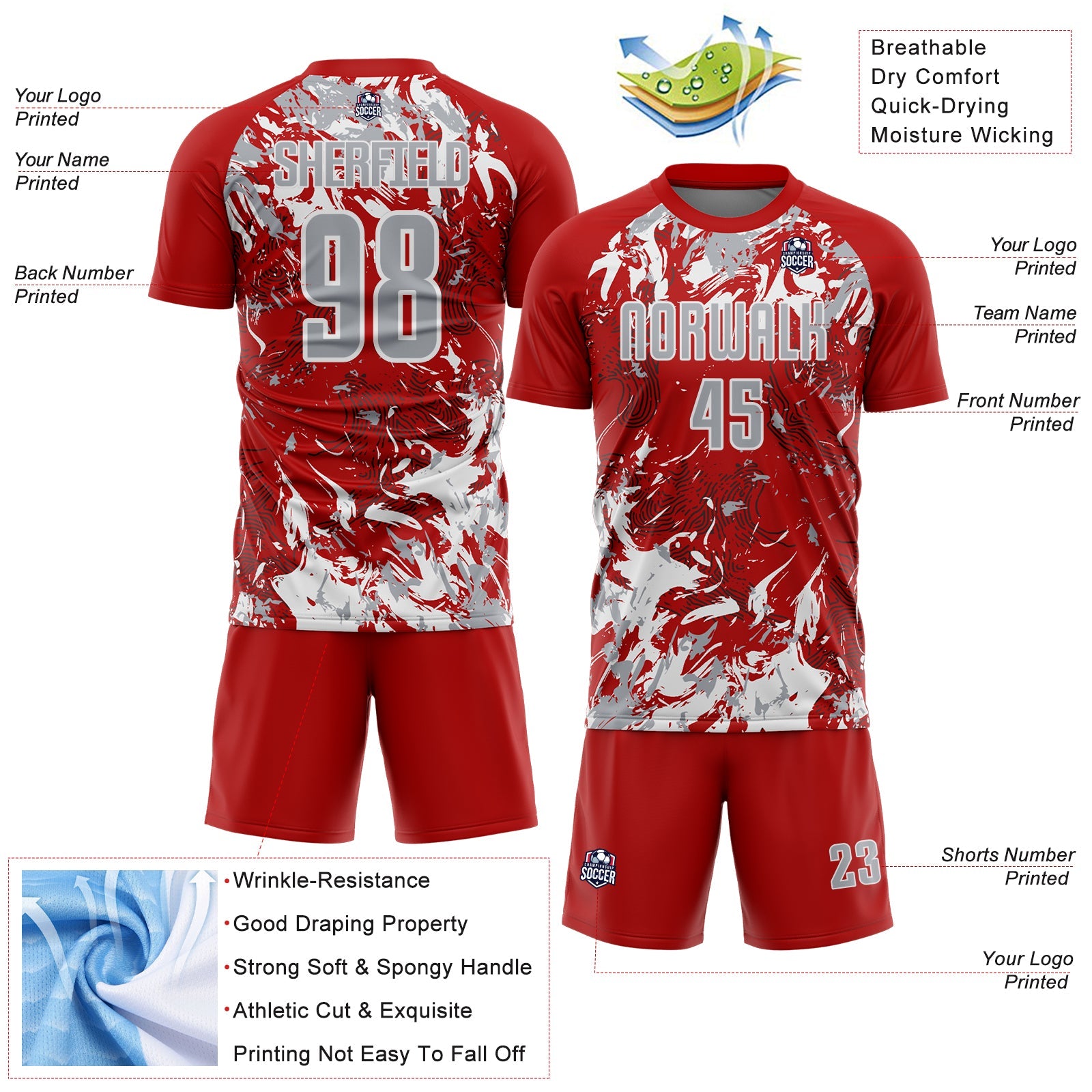 Custom Red Gray-White Fluid Art Splash Sublimation Soccer Uniform Jersey view 4
