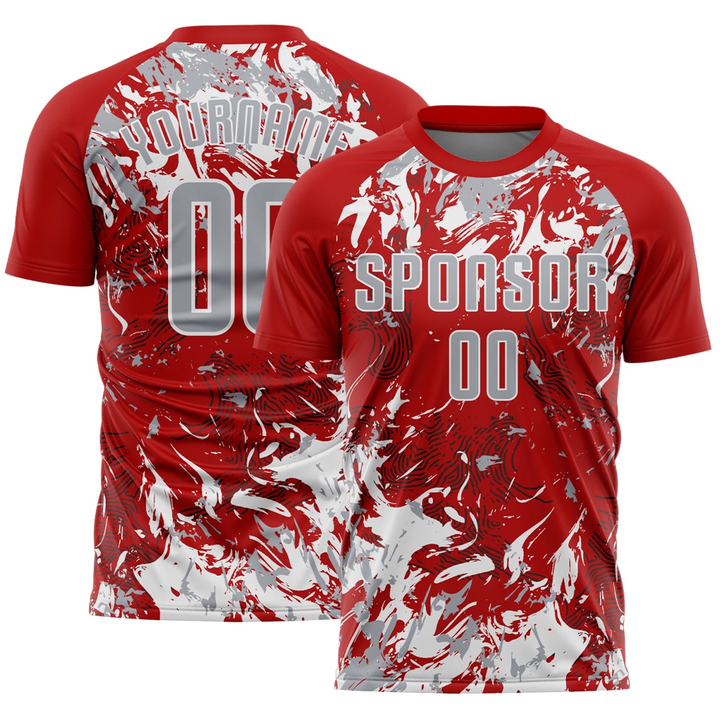 Custom Red Gray-White Fluid Art Splash Sublimation Soccer Uniform Jersey - Main View
