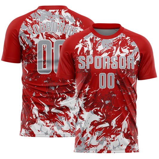 Custom Red Gray-White Fluid Art Splash Sublimation Soccer Uniform Jersey - Main View