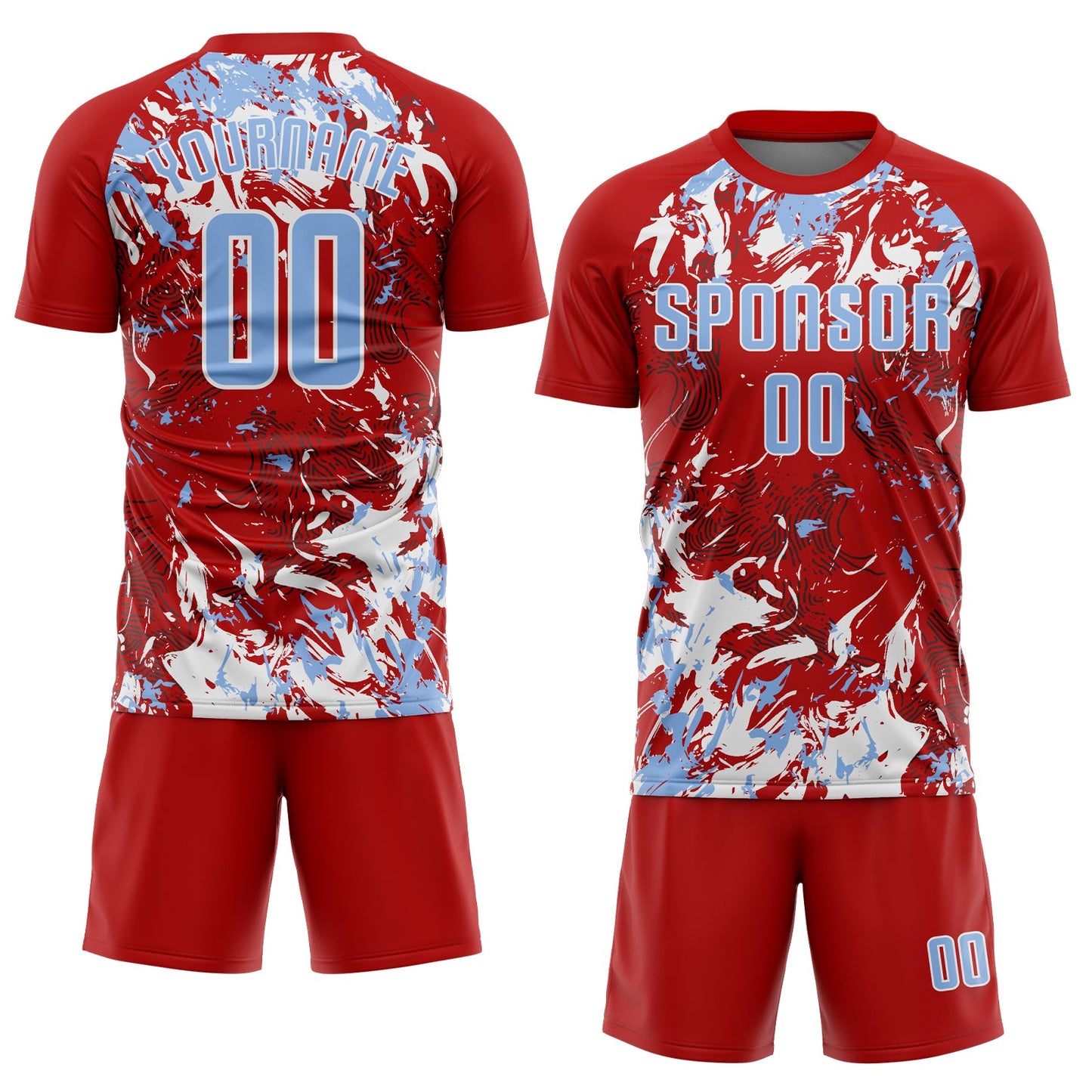 Custom Red Light Blue-White Fluid Art Splash Sublimation Soccer Uniform Jersey view 2