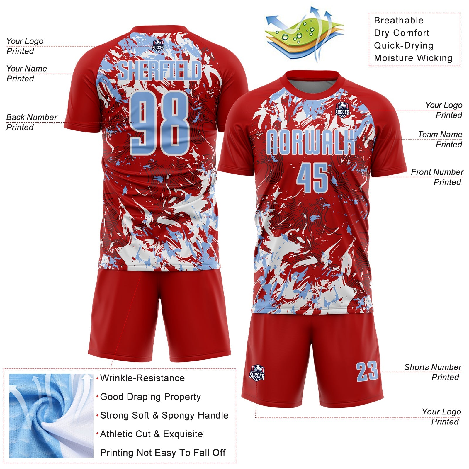 Custom Red Light Blue-White Fluid Art Splash Sublimation Soccer Uniform Jersey view 4