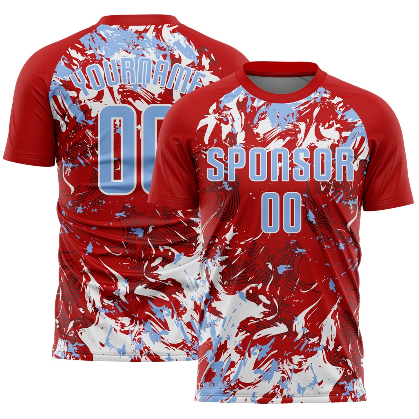 Custom Red Light Blue-White Fluid Art Splash Sublimation Soccer Uniform Jersey - Main View