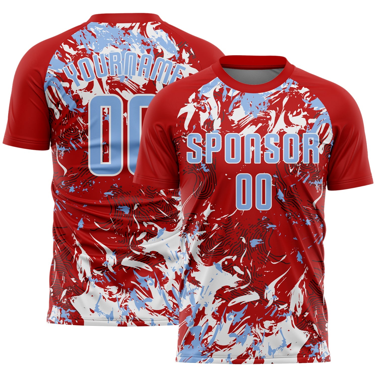 Custom Red Light Blue-White Fluid Art Splash Sublimation Soccer Uniform Jersey - Main View