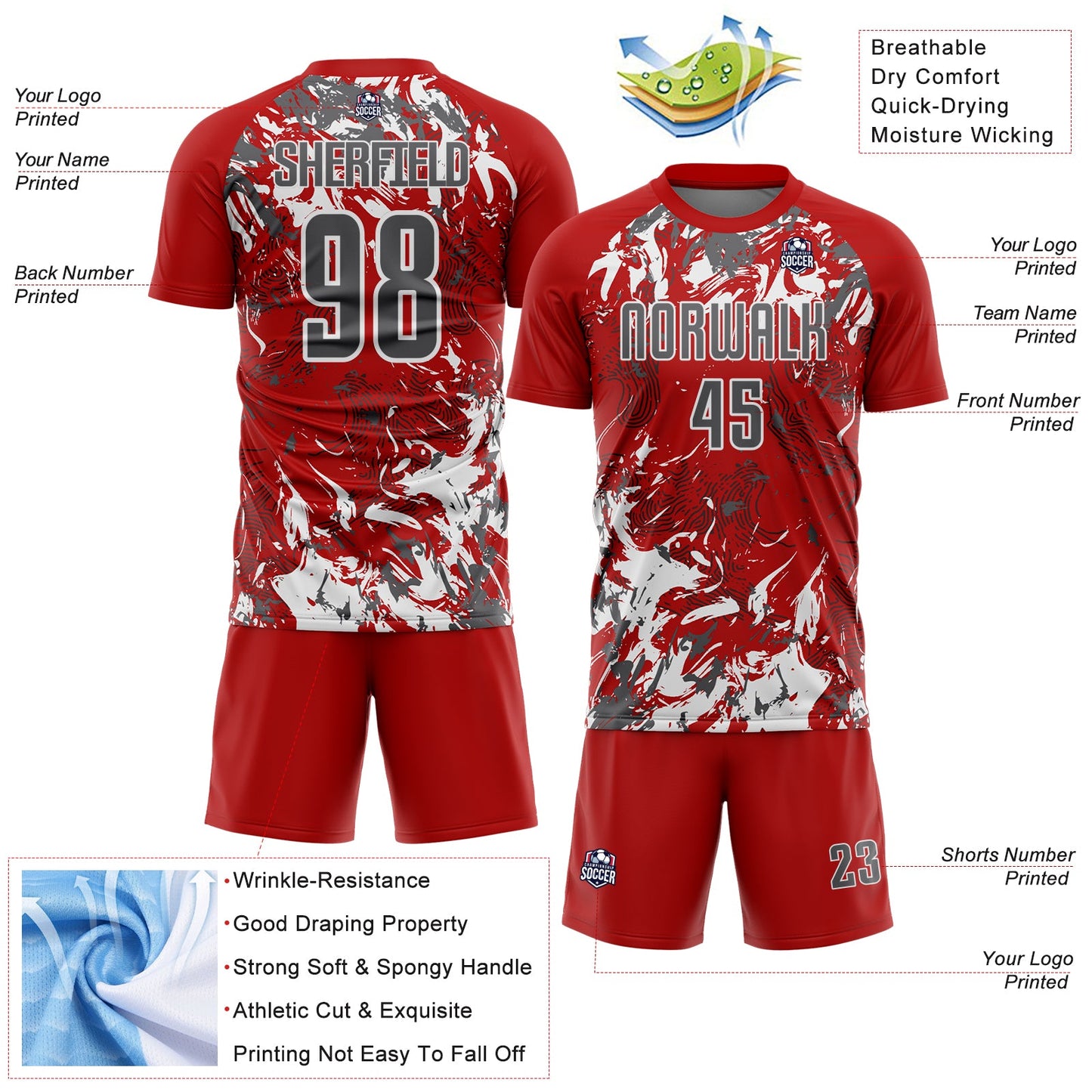 Custom Red Steel Gray-White Fluid Art Splash Sublimation Soccer Uniform Jersey view 4