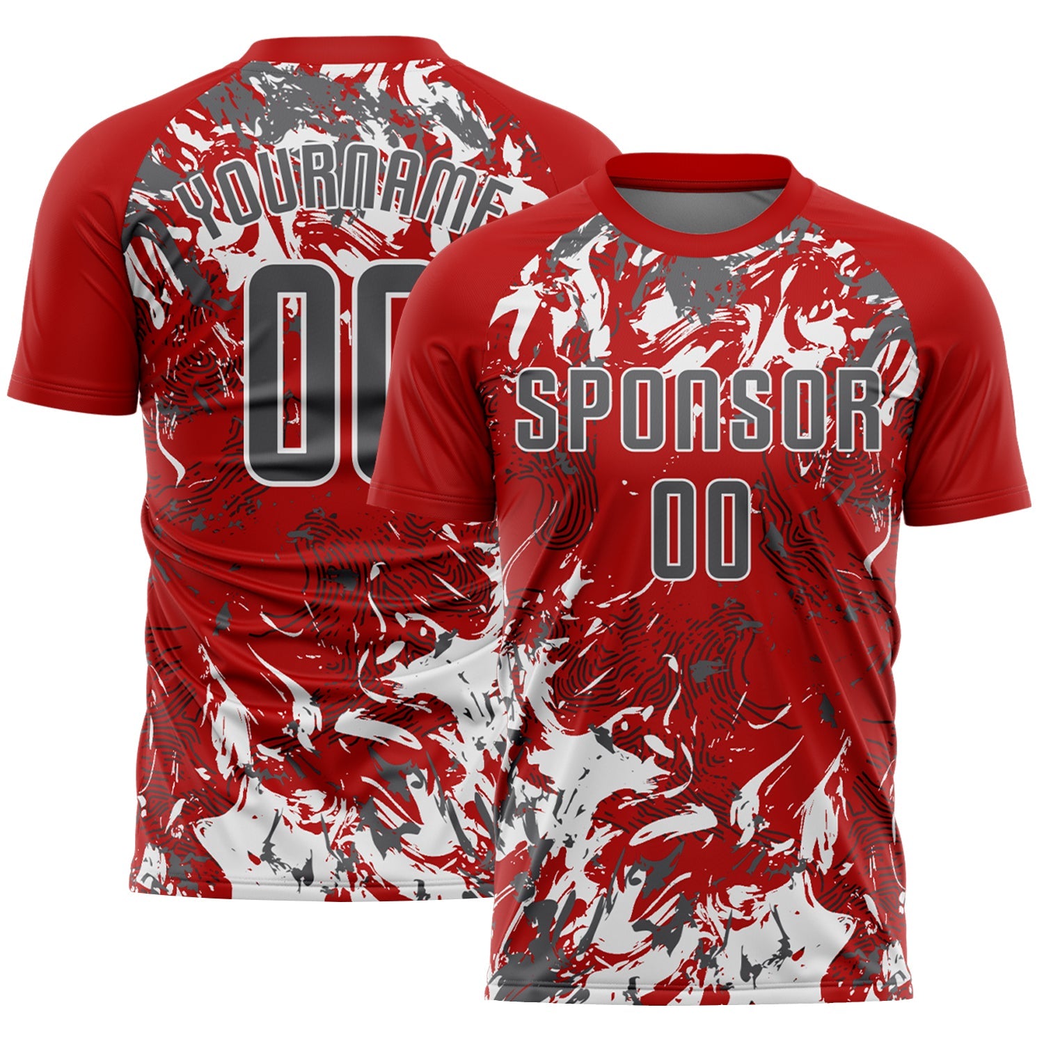 Custom Red Steel Gray-White Fluid Art Splash Sublimation Soccer Uniform Jersey - Main View