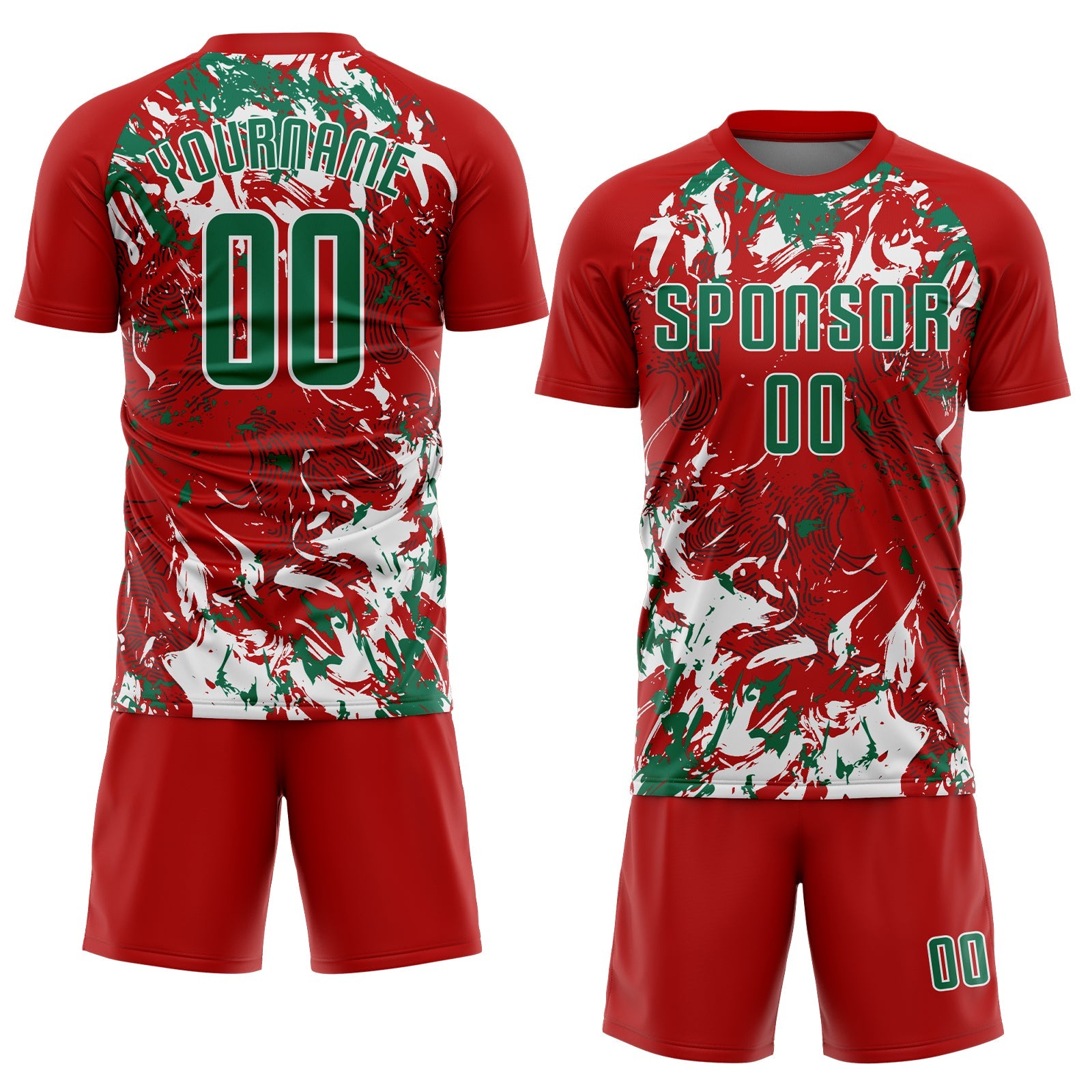 Custom Red Kelly Green-White Fluid Art Splash Sublimation Soccer Uniform Jersey view 2